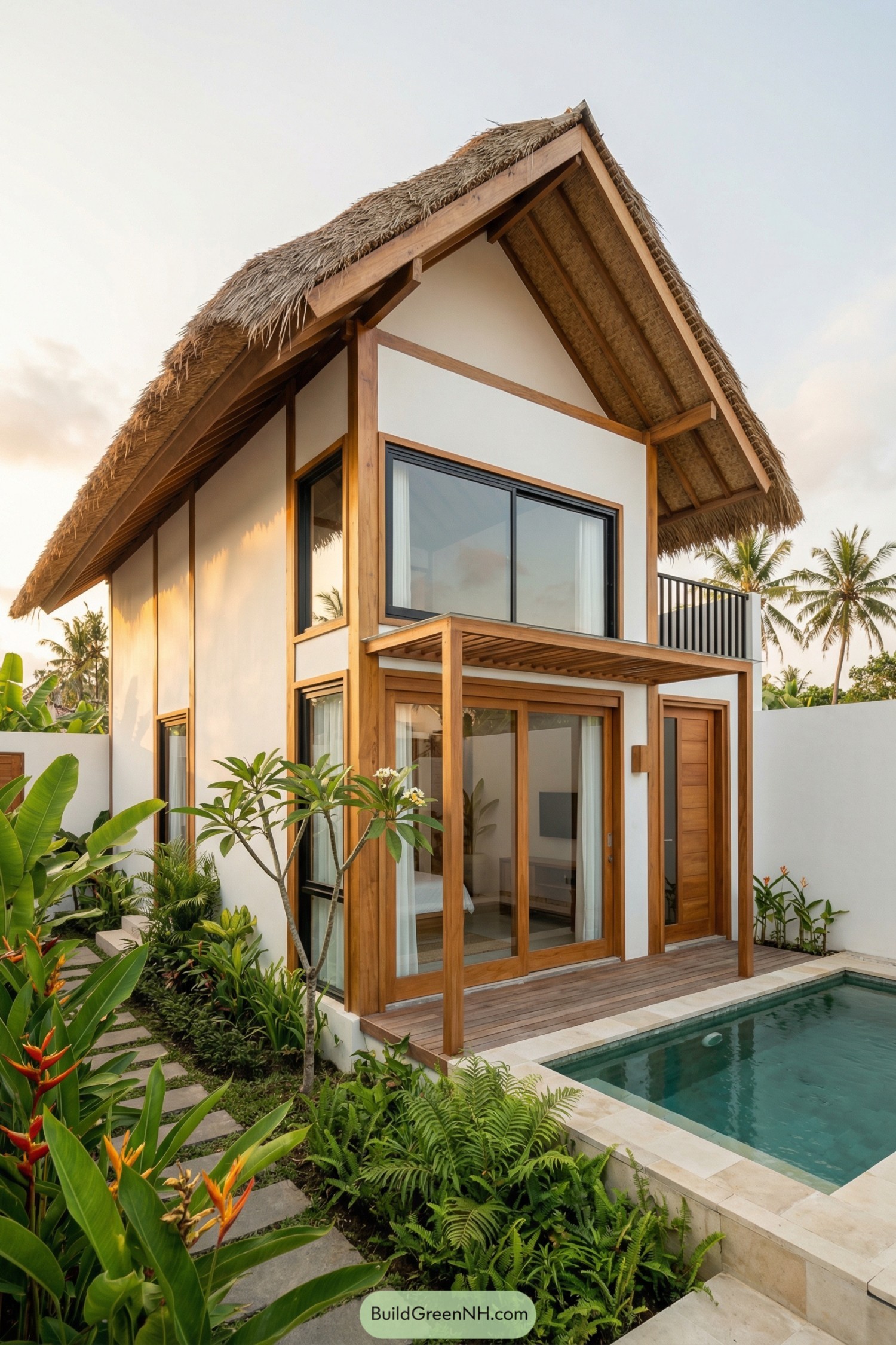 Compact two-story thatched villa with wood-framed glass walls and small private pool surrounded by lush tropical plants