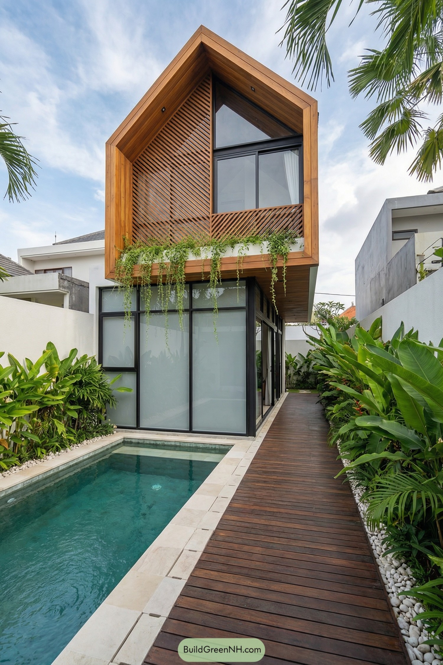 Modern two-story tiny house with wood slatted upper level, frosted glass lower level, and narrow pool beside a timber walkway and lush plants