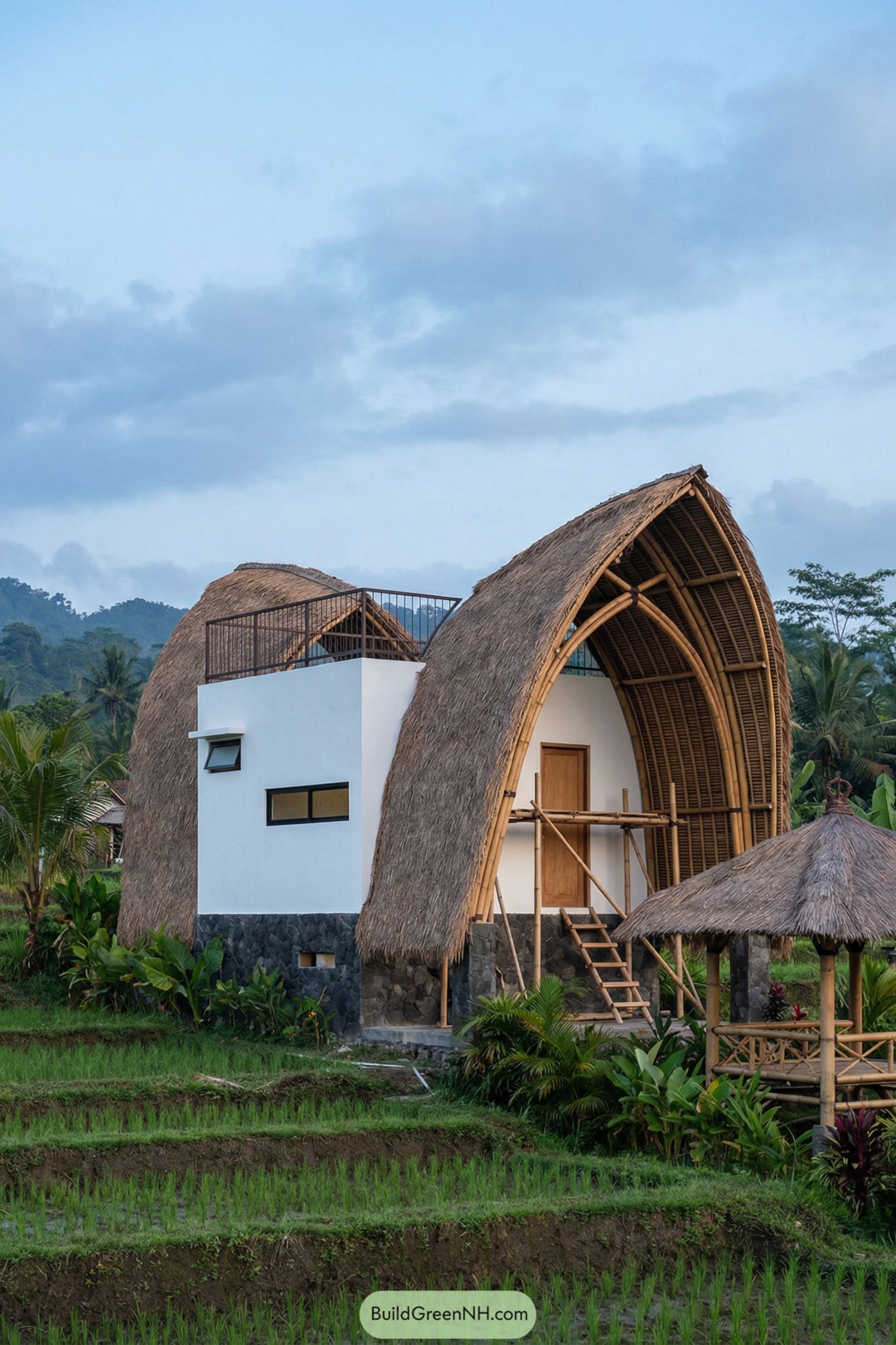 Tiny house with arched bamboo thatch roof, white cube volume, and stone base set in lush rice terraces