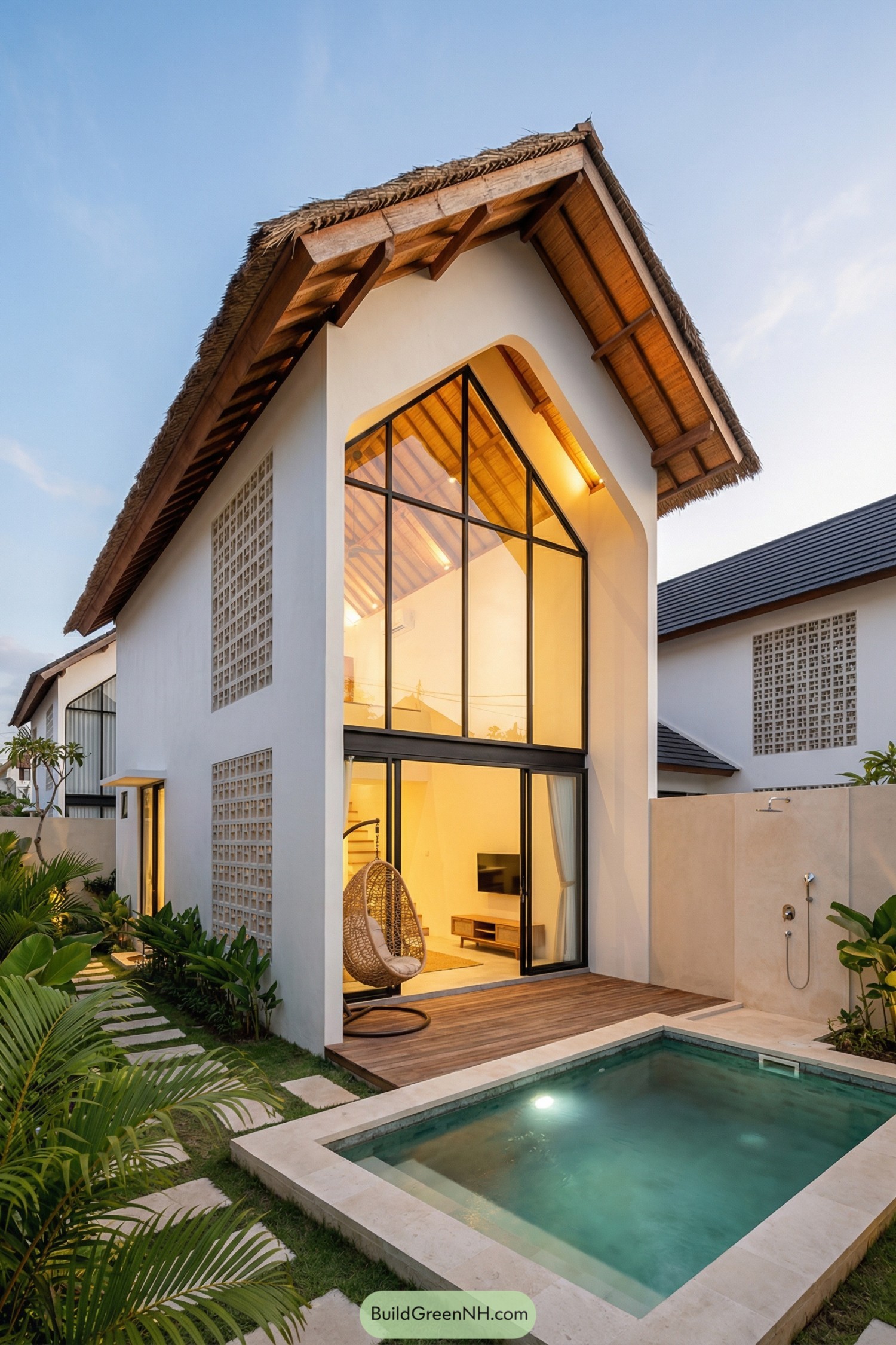 Small modern villa with tall glass facade and plunge pool at dusk