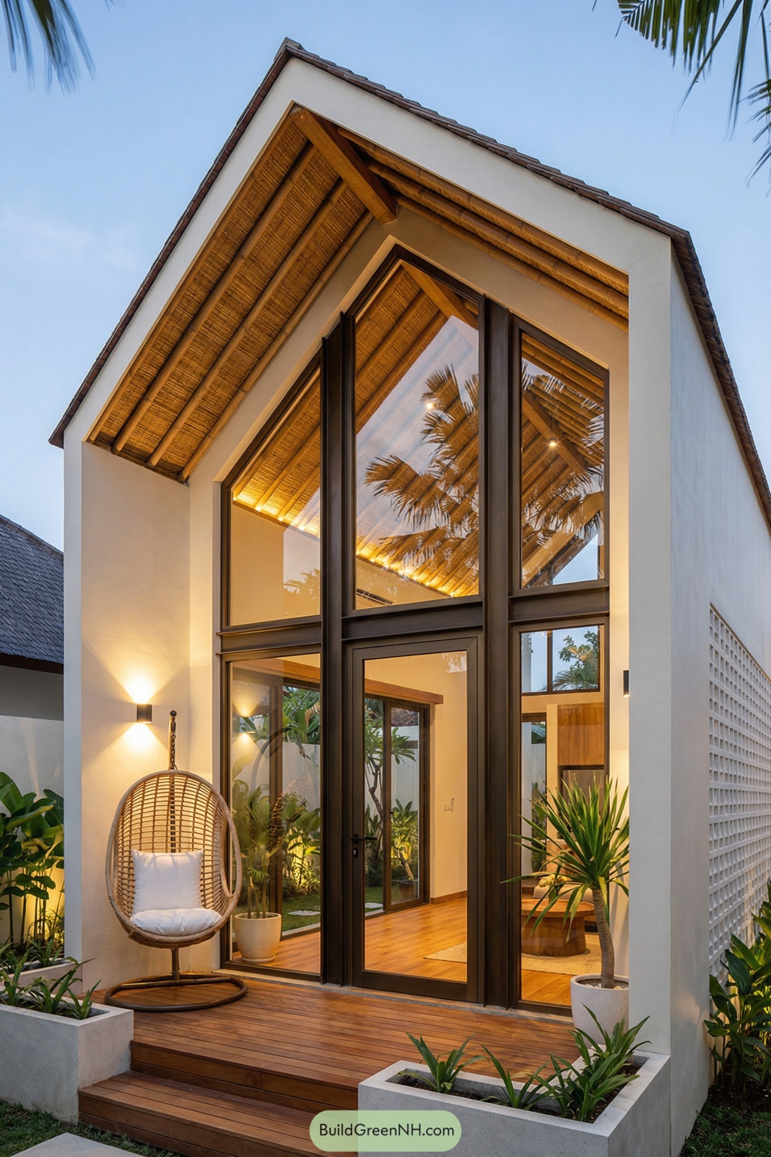 Tall glass-fronted tiny house with warm wood deck and hanging rattan chair framed by tropical plants
