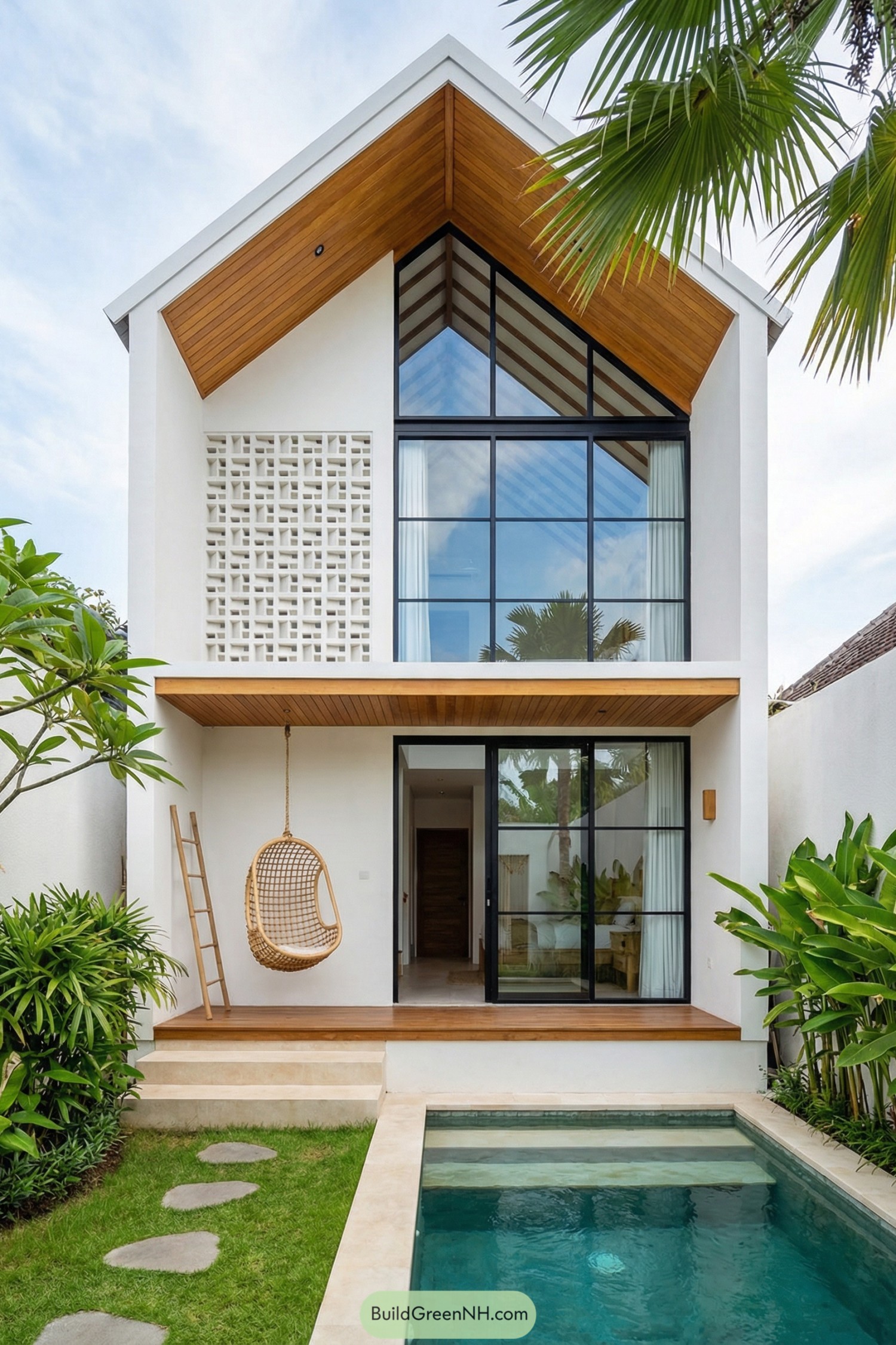 Modern white tiny house with tall glass gable facade, wood accents, small pool, and hanging rattan chair