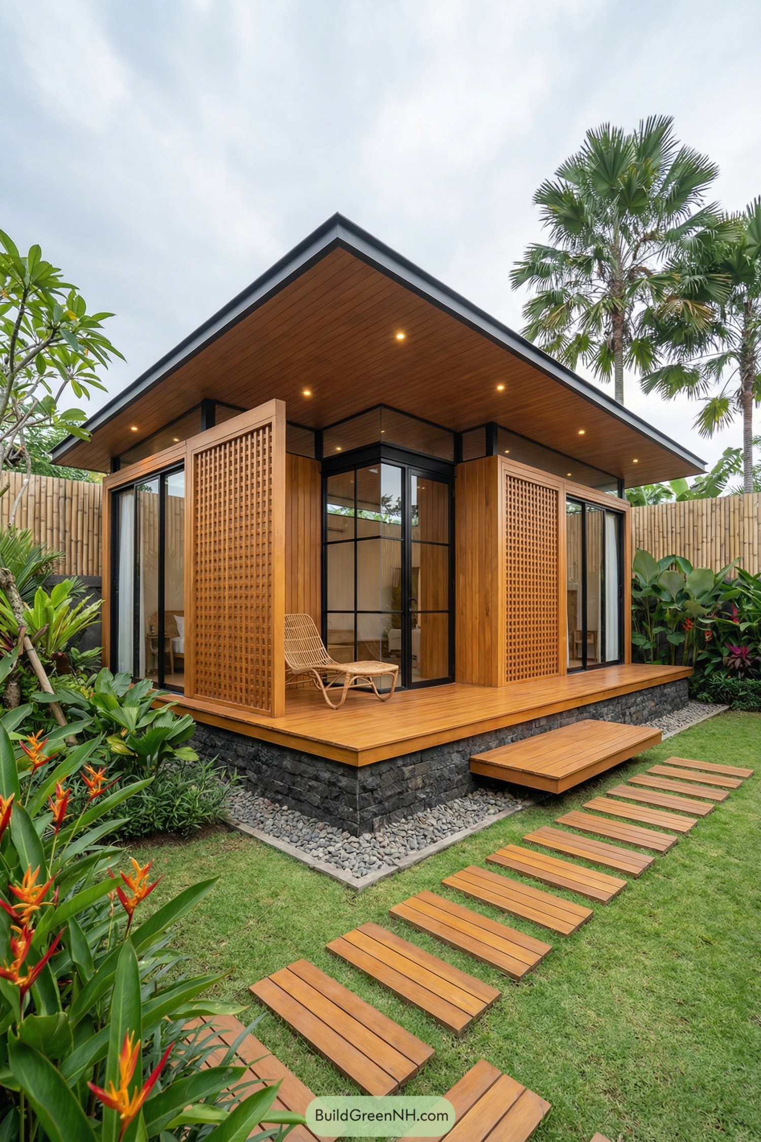 Modern tiny wooden house with glass walls in lush tropical garden