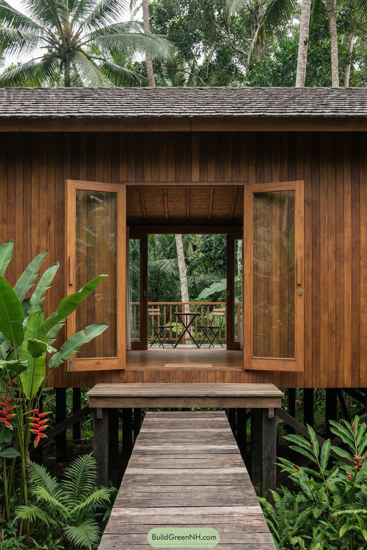 Small timber cabin on stilts with open double doors and a boardwalk entrance in lush tropical greenery