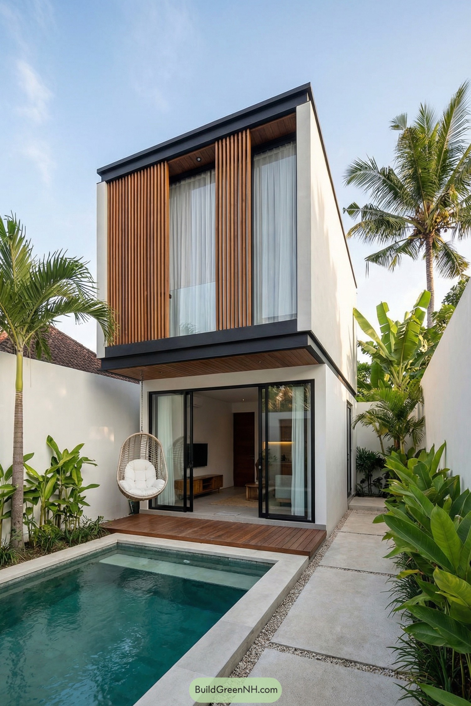 Compact modern two-story villa with wood slatted upper facade, pool, and tropical courtyard garden