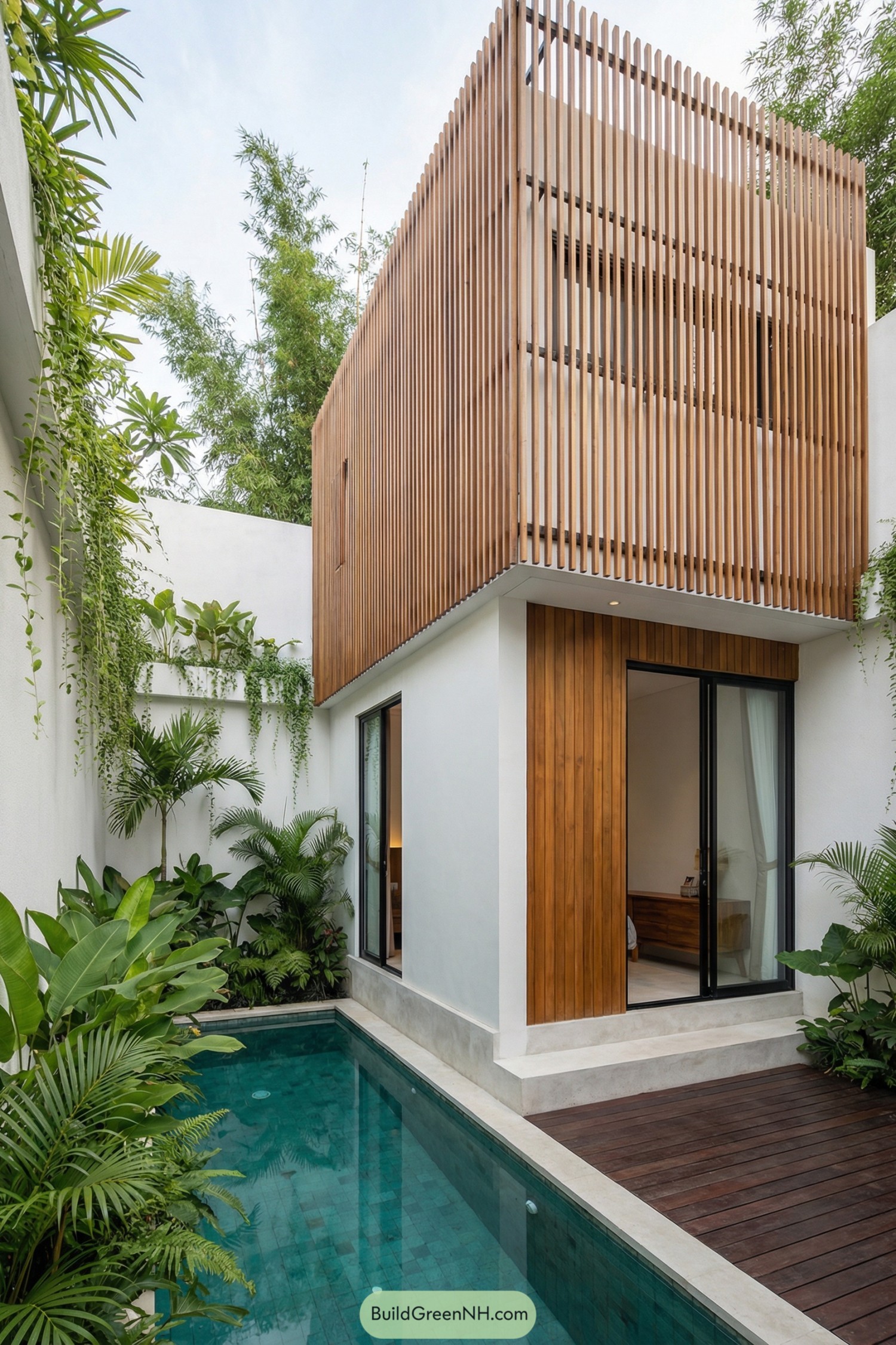 Two-story courtyard tiny house with wood slat facade and narrow pool