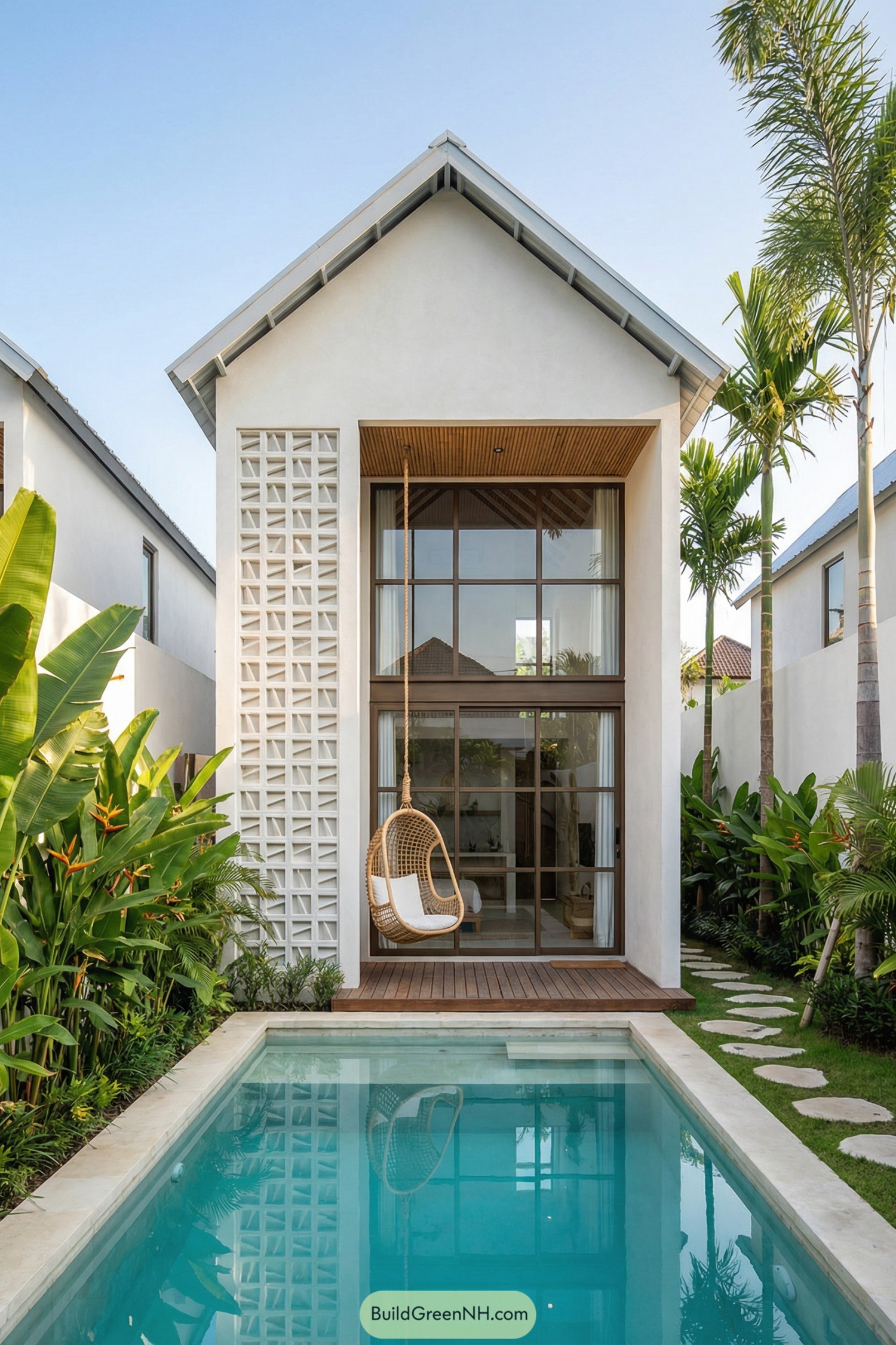Modern white tiny house with tall glass façade, hanging rattan chair, and narrow pool framed by tropical plants