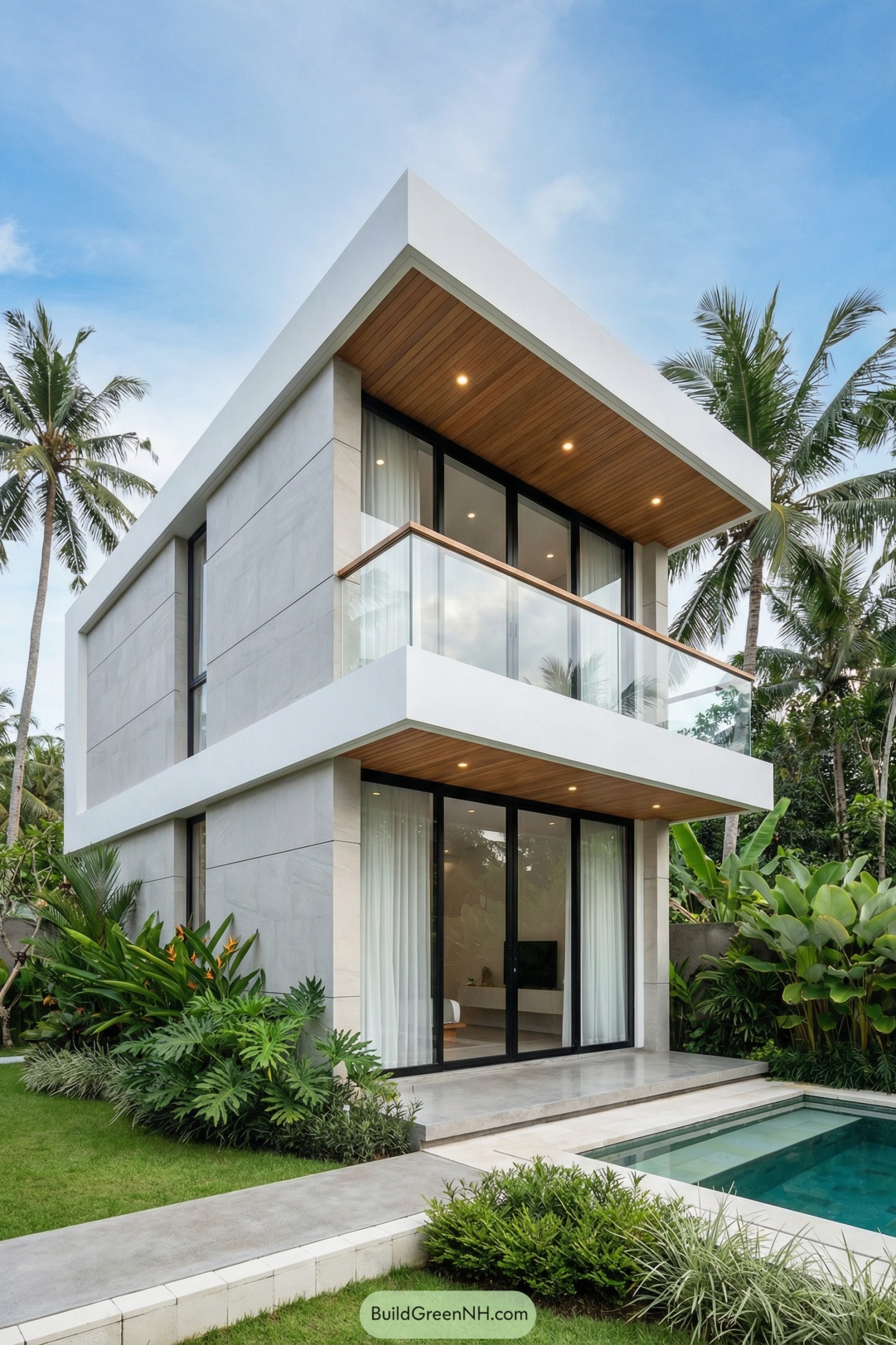 Two-story modern villa by a lush garden pool