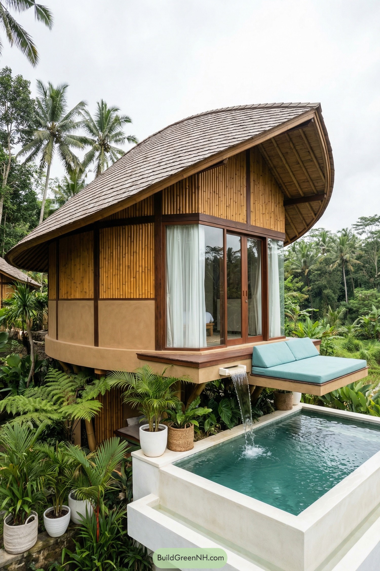 Tropical bamboo tiny house with curved roof and plunge pool