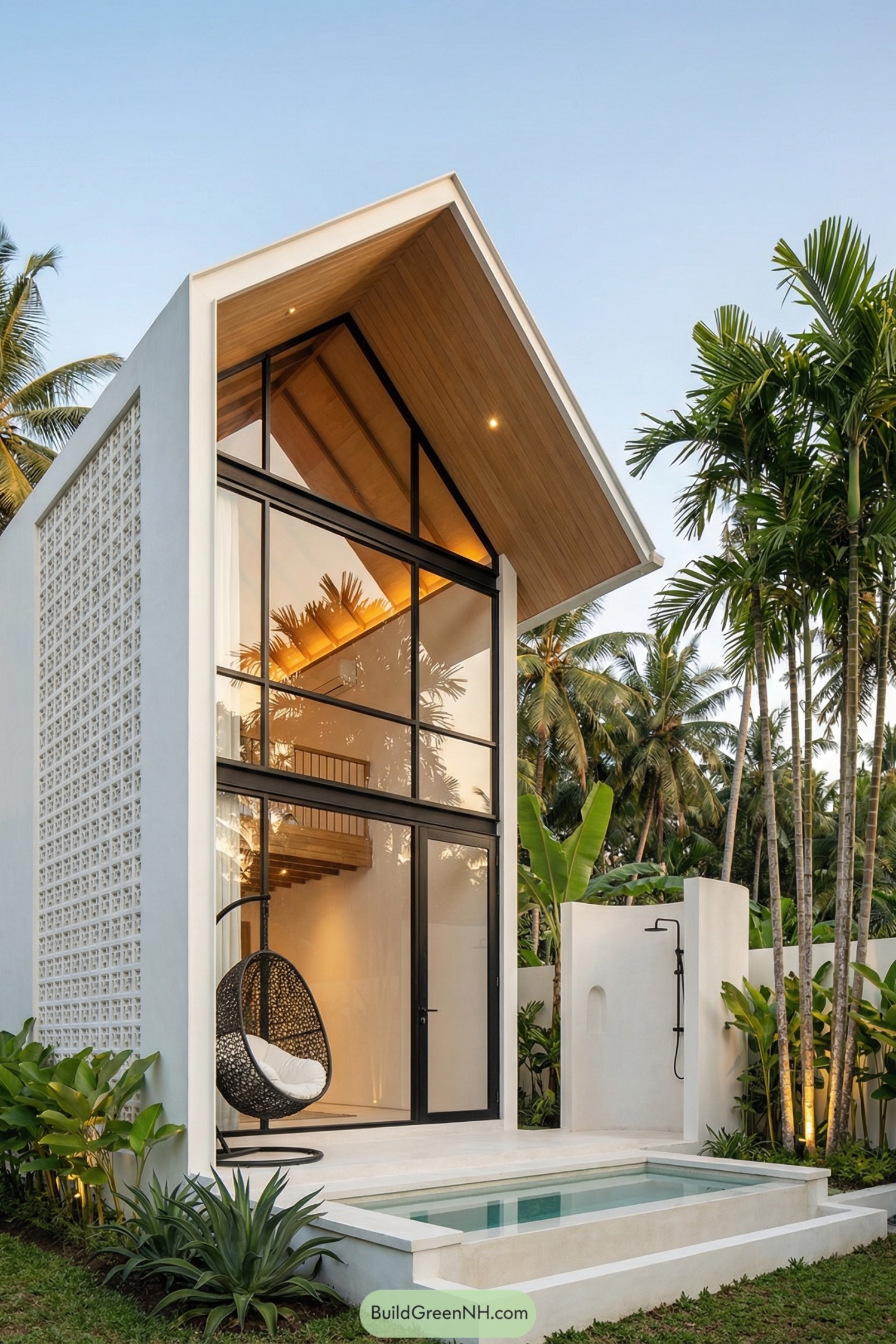 Slim white tiny house with tall glass front beside a small plunge pool and outdoor shower