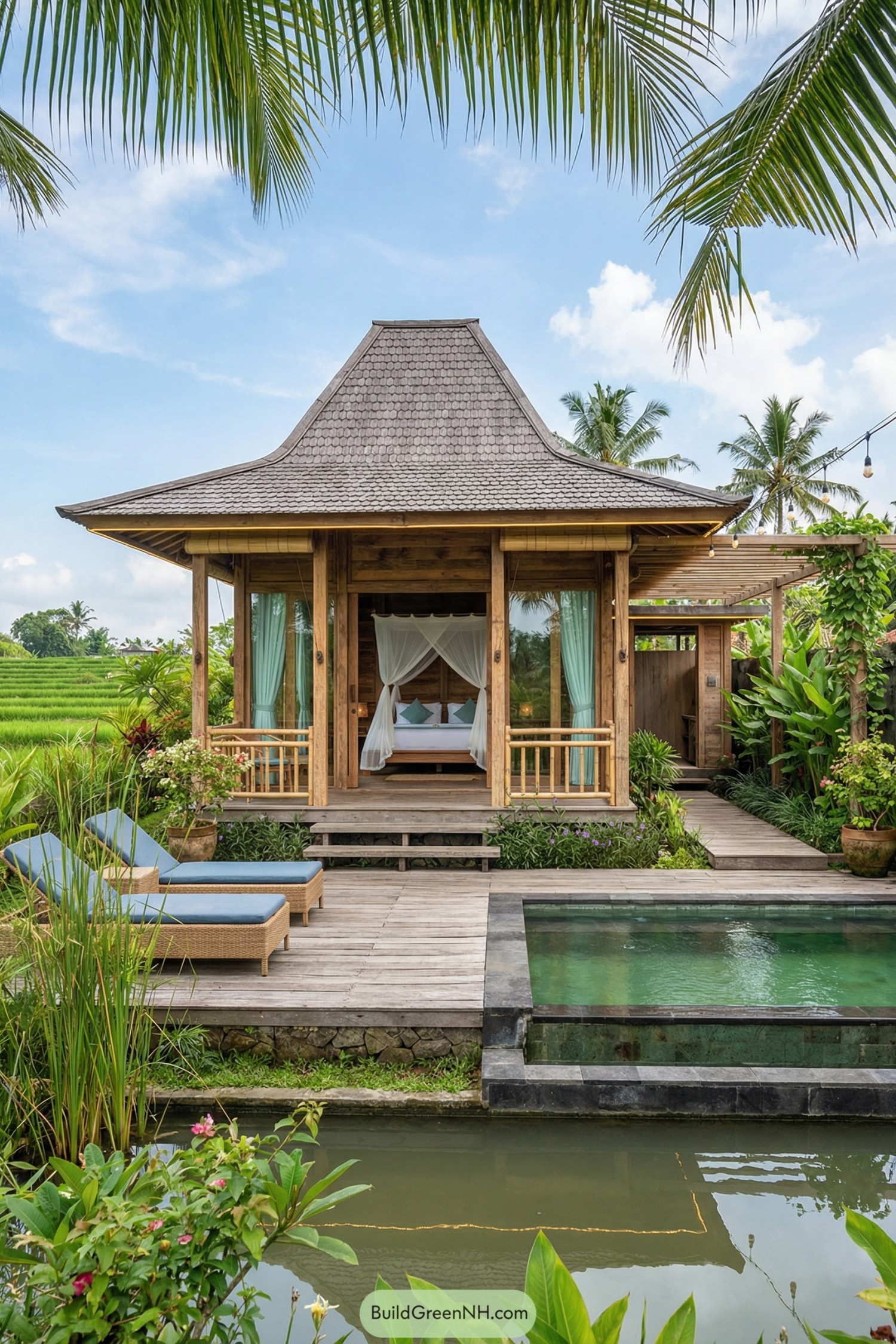Open-air wooden bungalow with canopy bed, deck loungers, and plunge pool in tropical garden