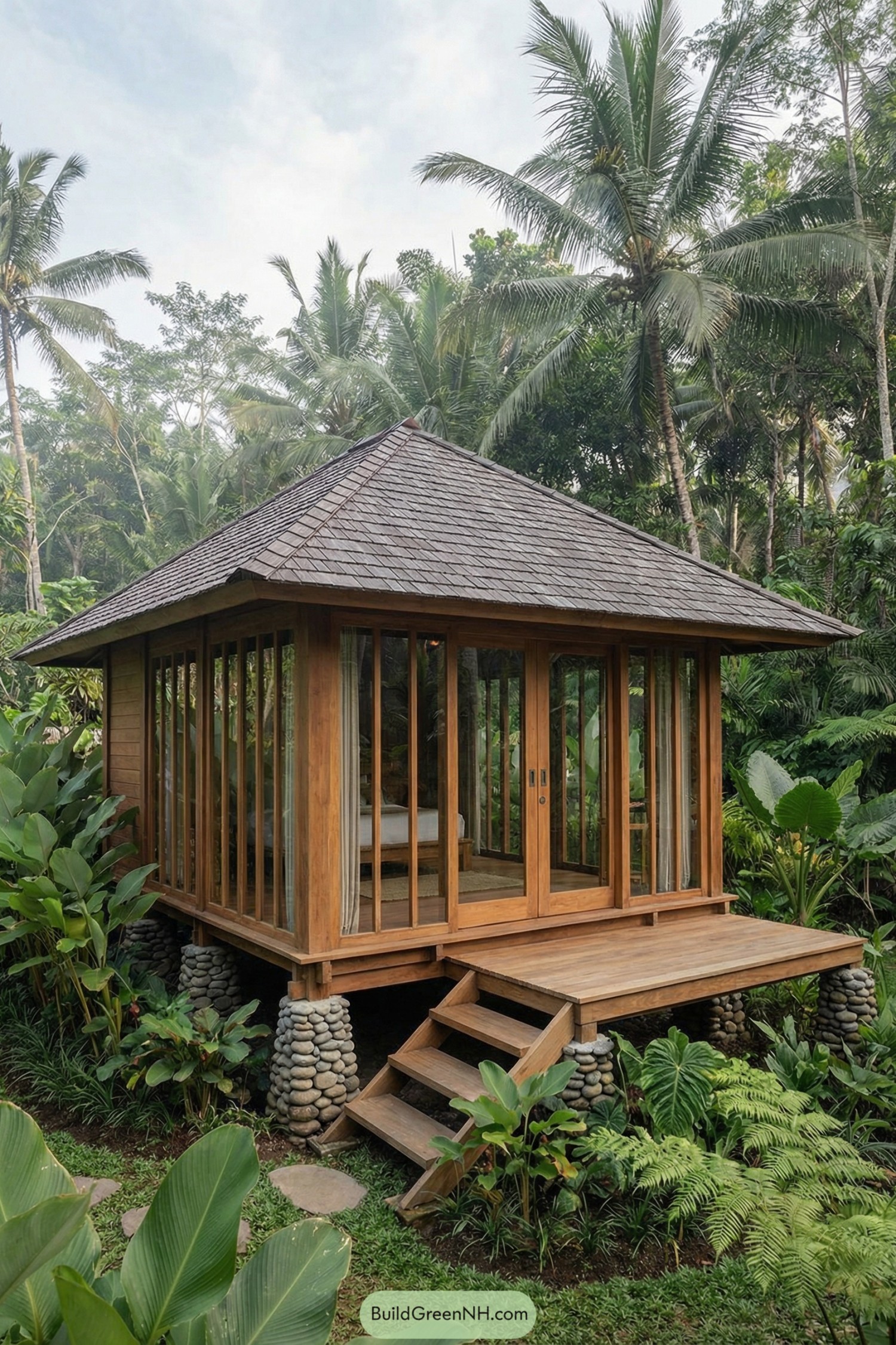 Wooden tiny house on stone stilts surrounded by lush tropical plants