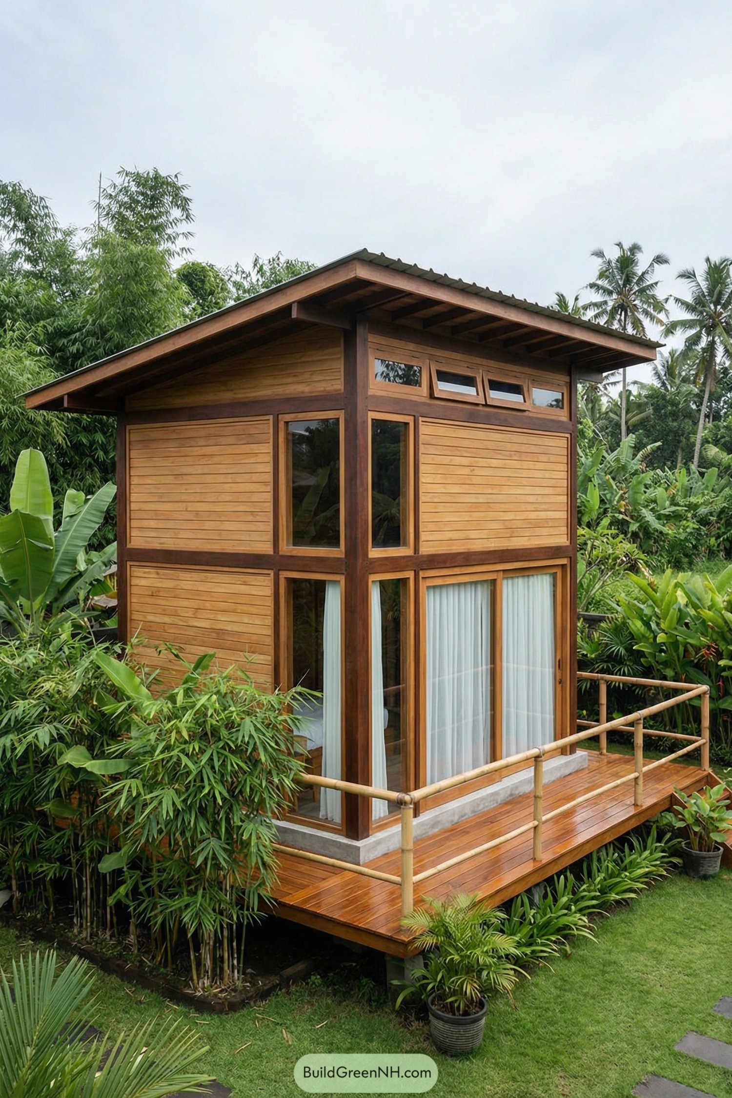Compact two-story wooden tiny house with large windows and a bamboo-railed deck surrounded by lush tropical plants