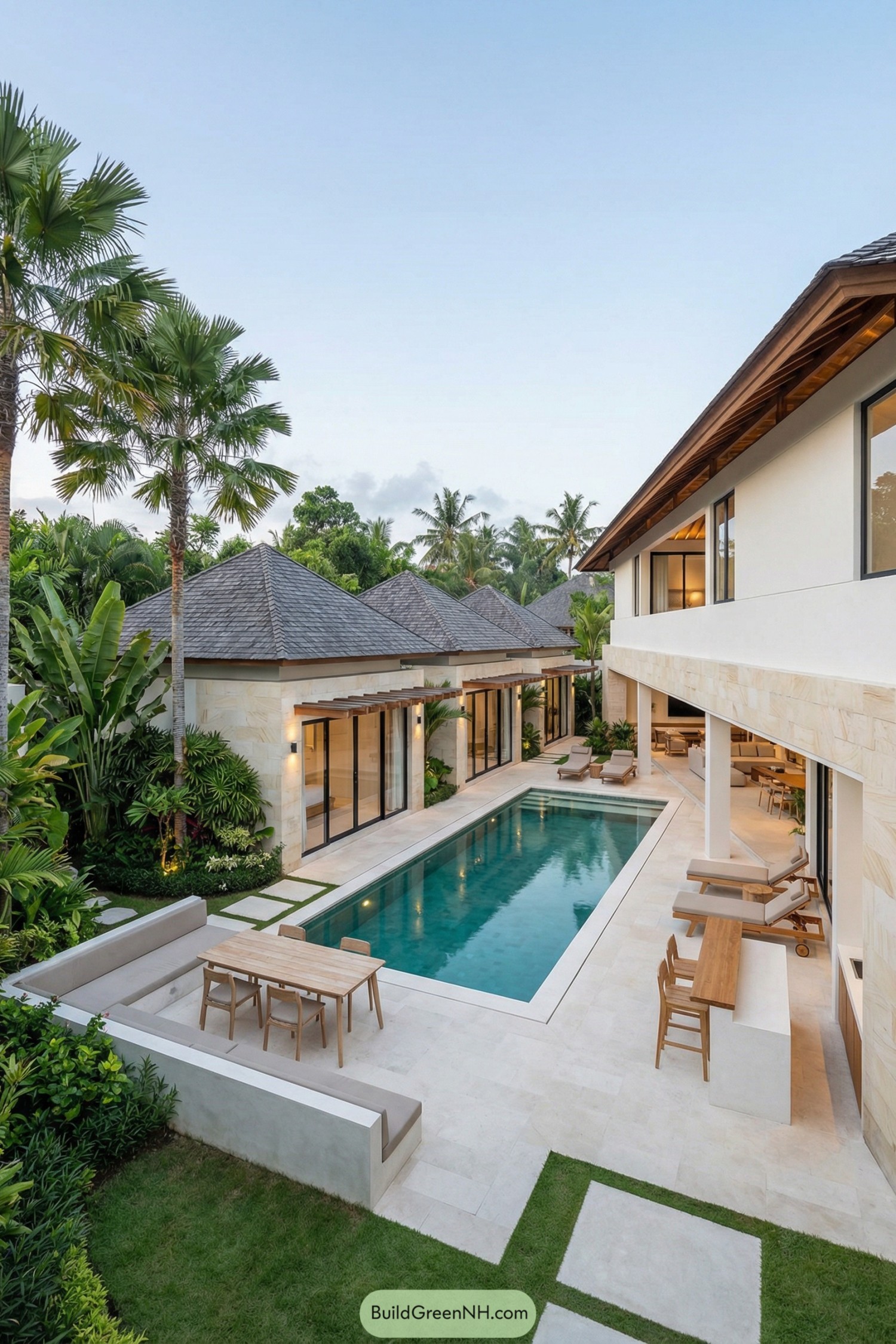 Modern courtyard villa with long central pool lined by tropical plants and open air dining areas