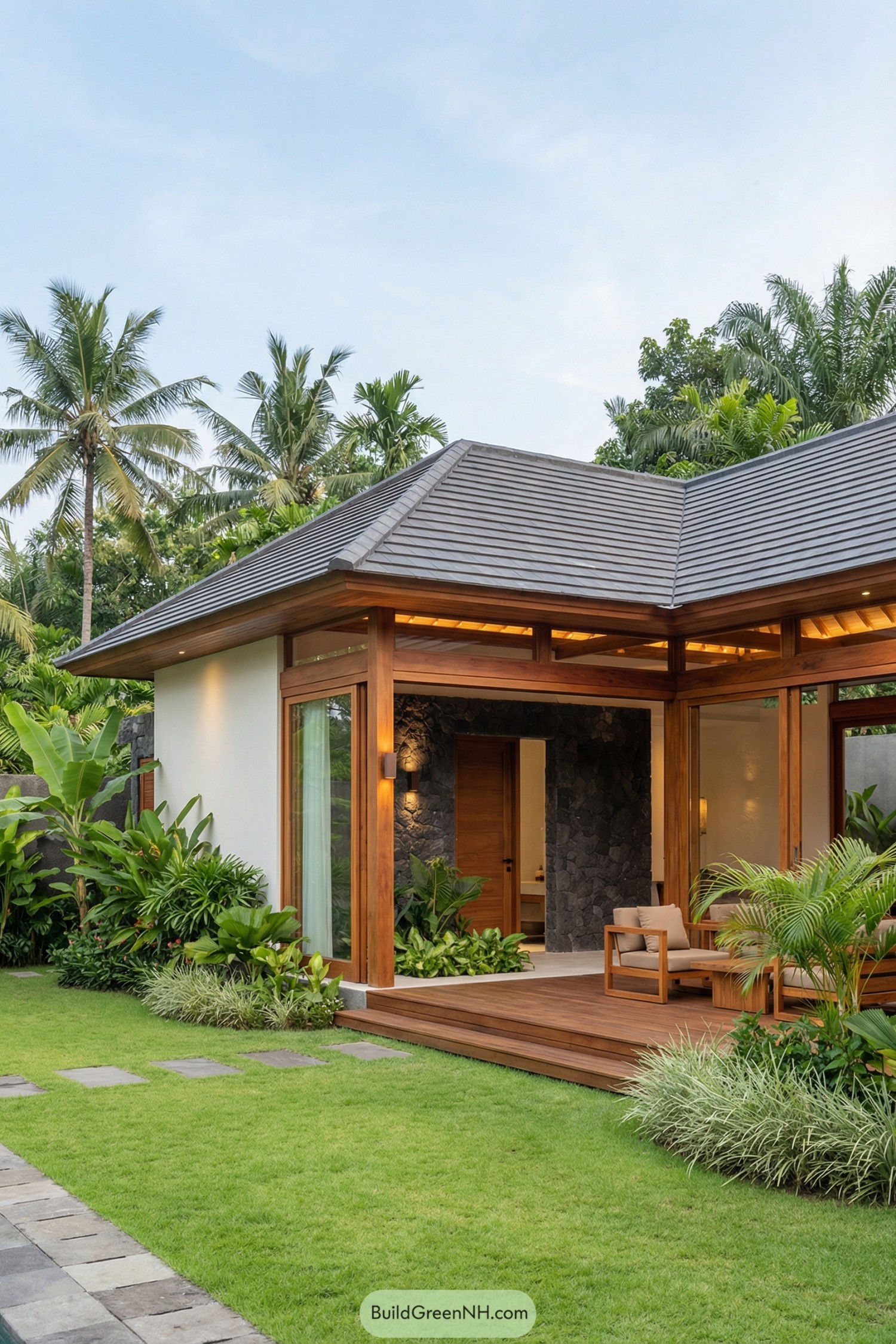 Open corner villa with wood deck framed by tropical garden and dark stone accent wall