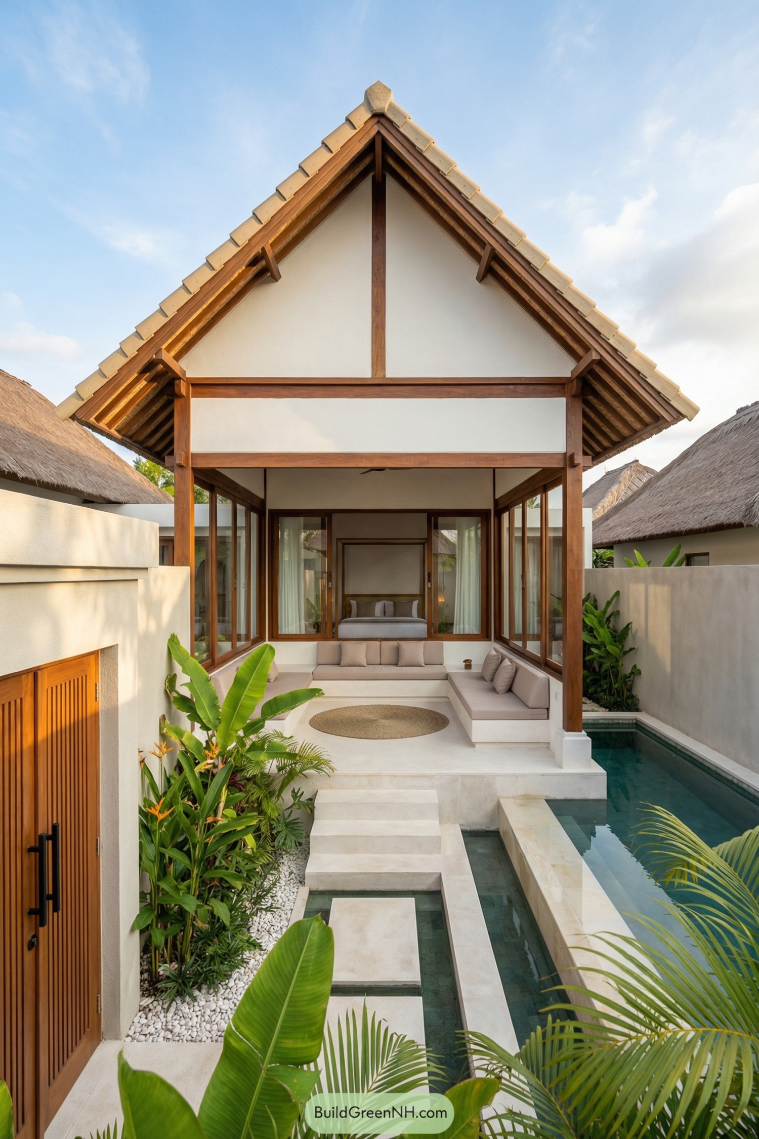 Modern Bali villa with sunken lounge beside a slim lap pool