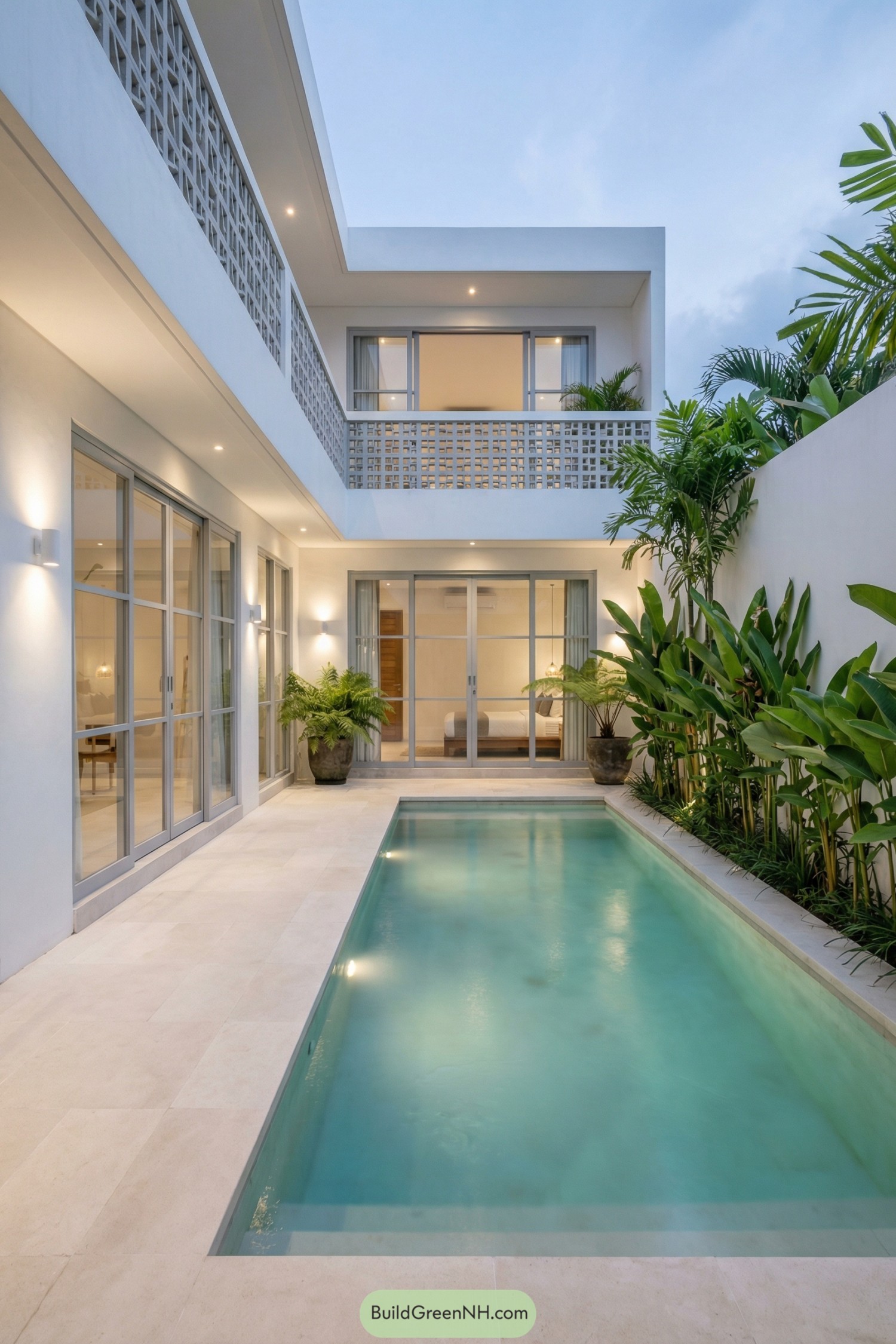 Narrow modern courtyard villa with slim pool, white facades, and upper balcony screened by breeze blocks