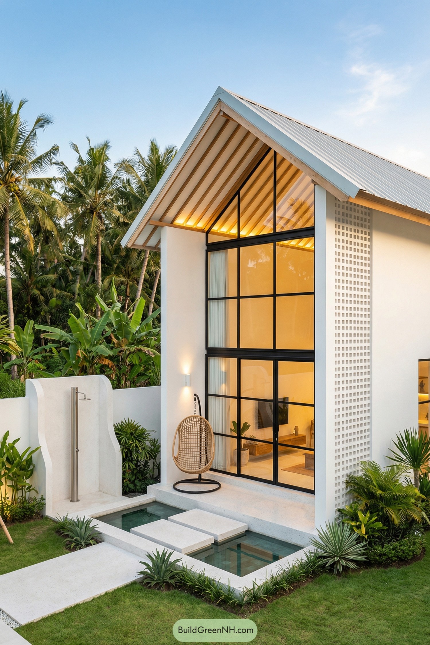 Modern white villa with tall glass façade opening to a small pool, garden, and outdoor shower