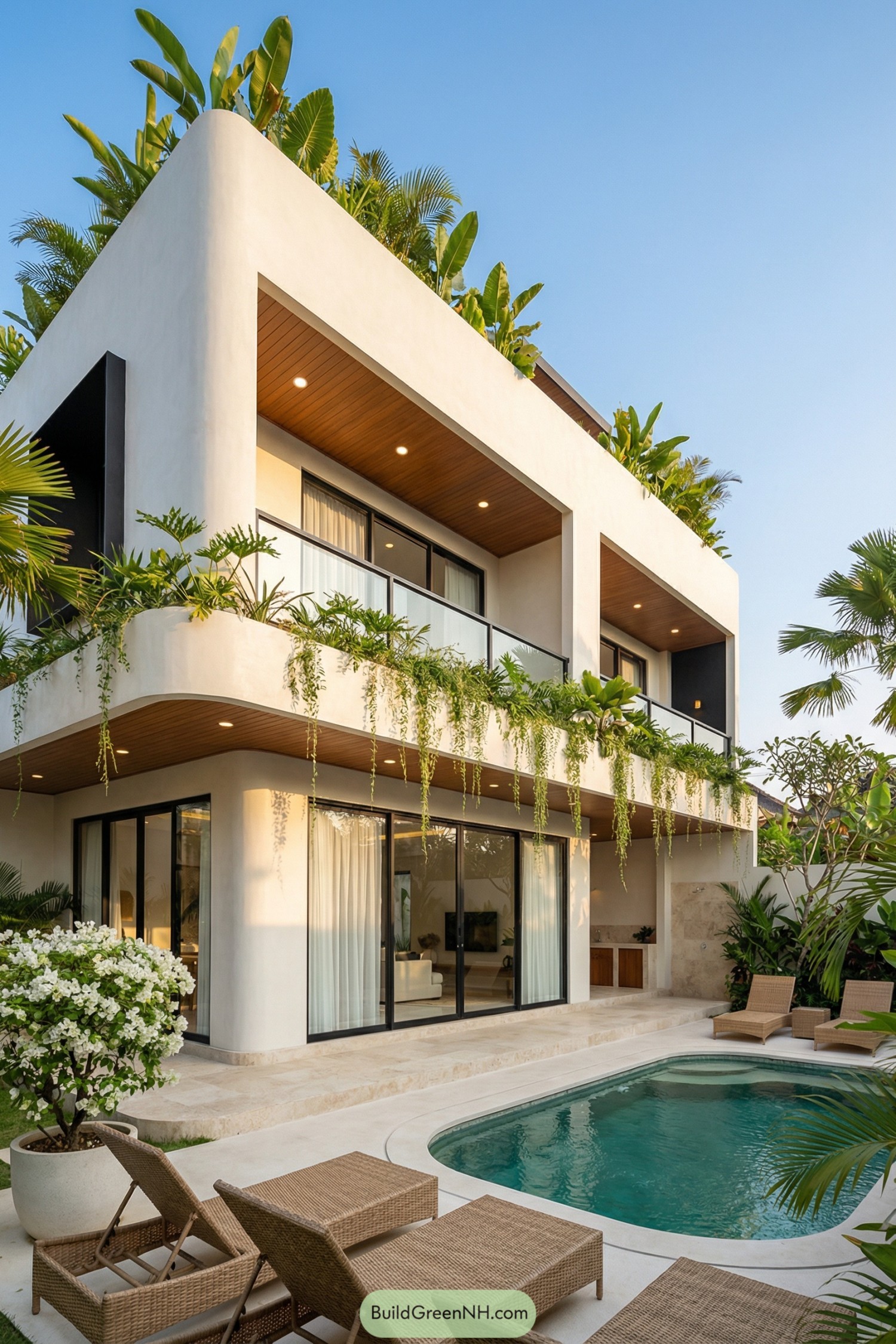 Modern white two story villa with rooftop greenery overlooking a curved pool and sun loungers