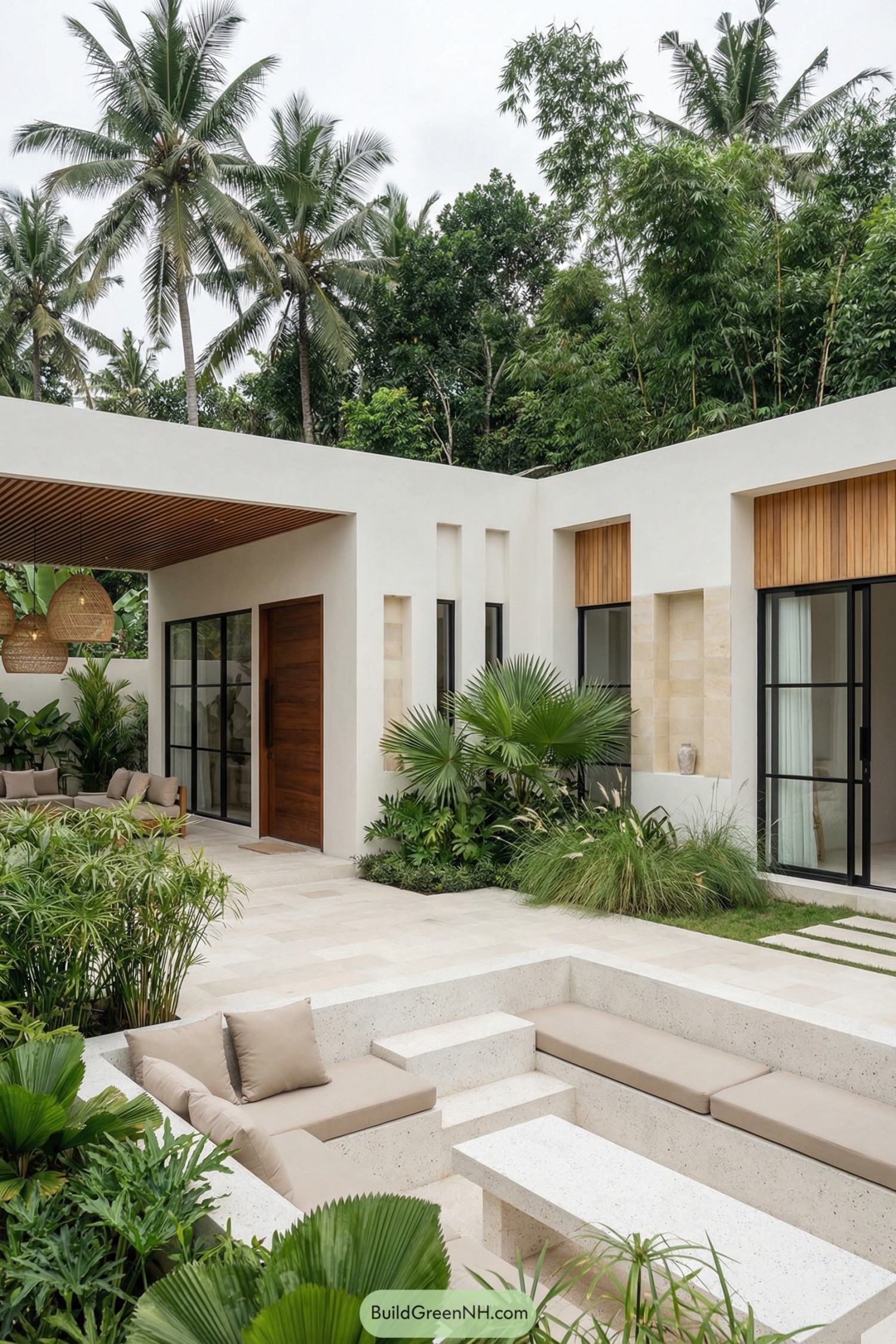 Modern white villa with sunken courtyard lounge surrounded by lush tropical plants