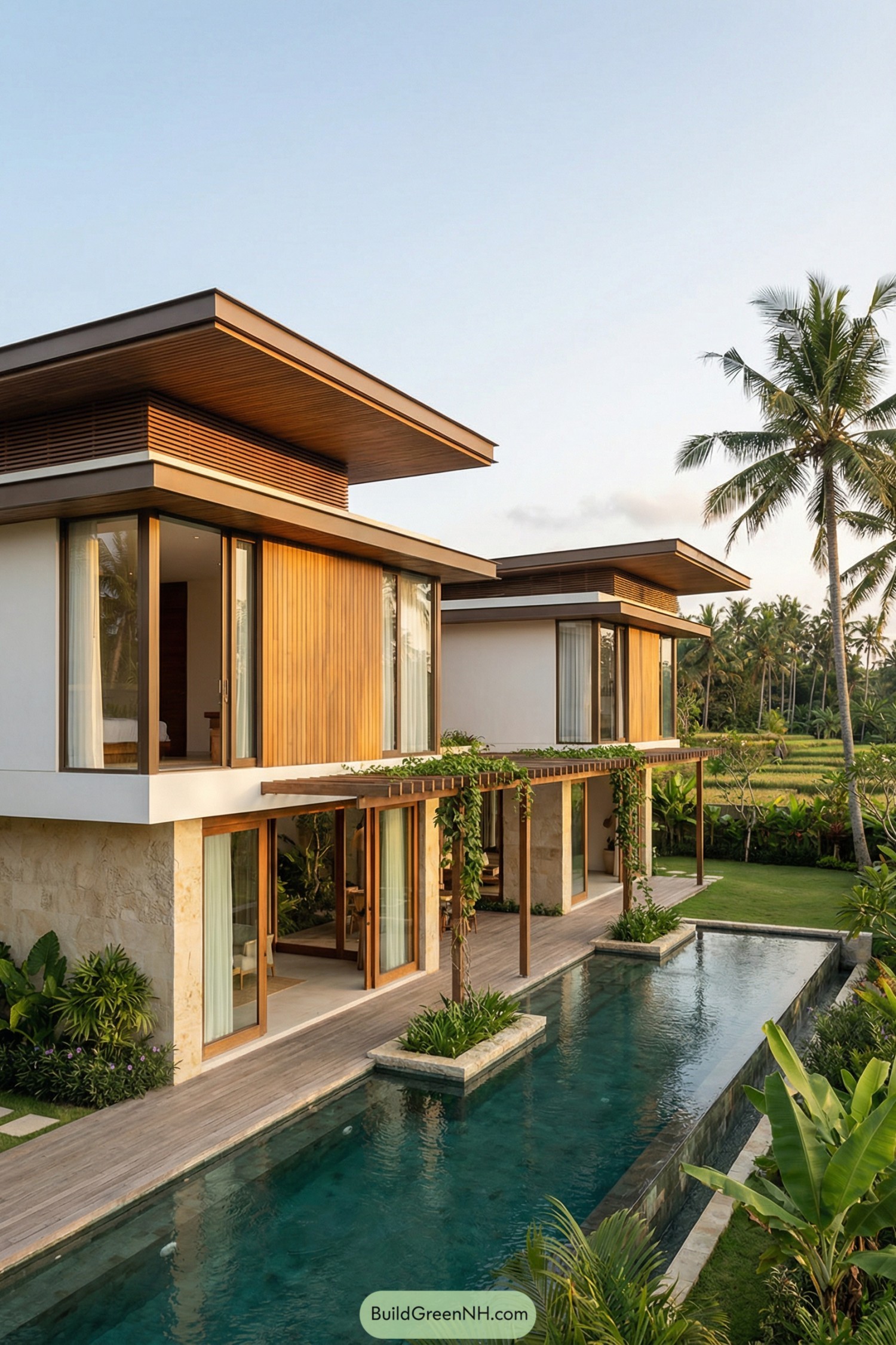 Modern two story villa with wood cladding and long pool in tropical garden