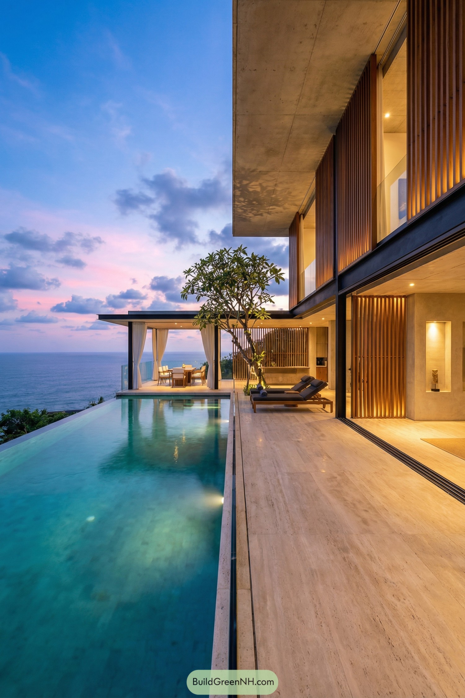 Modern clifftop villa with oceanfront infinity pool at sunset