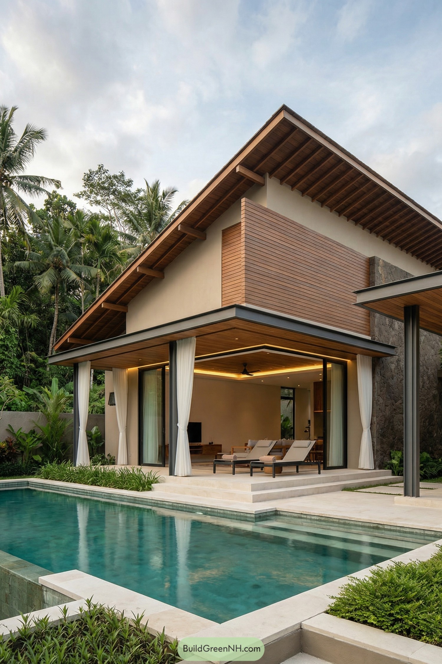 high-res photo of bali villa design, contemporary tropical facade with open-plan front facing a turquoise pool, asymmetrical geometry with a dramatic single-pitch roof sloping down toward the pool, warm natural color palette with light beige ceilings, medium-brown timber cladding, dark charcoal support frames, and soft white curtains framing the opening, structure composed of smooth plaster surfaces, horizontal timber slats on the upper facade, textured stone side wall, and slim dark metal columns supporting the extended roof, roof style is bold mono-slope with deep overhangs, underside clad in warm wood, exposed rafters at edges, windows are large floor-to-ceiling glass panels recessed under the overhang, minimal black frames, some sections fully open to the terrace, doors are wide sliding glass panels aligning with the window grid, concealed tracks, outdoor area includes raised terrace with pale stone tiles, two modern sun loungers with light cushions and dark frames, sheer white curtains tied back to columns, integrated ceiling lighting above seating zone, foreground dominated by rectangular infinity pool with glassy water and pale stone coping, landscaping with low manicured greenery and planter edges around terrace, dense backdrop of lush tropical vegetation with tall palms and layered jungle foliage rising behind the villa, sky softly lit suggesting late afternoon, overall composition clean, luxurious, and picture-worthy. single real-life photo, high-resolution, architectural photography, soft lighting, cinematic composition.