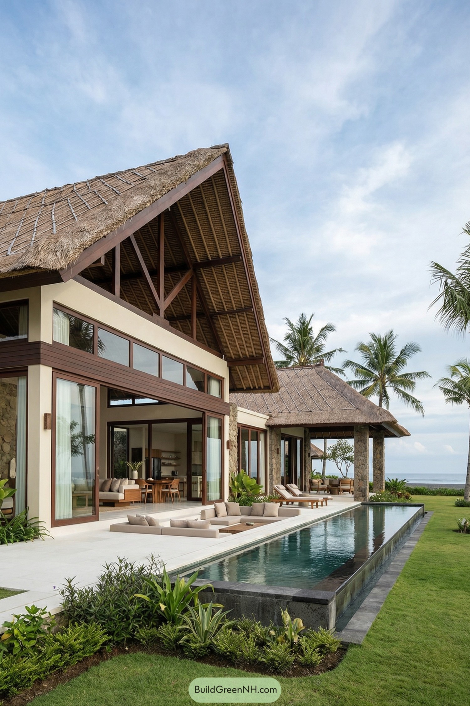 Luxury Bali villa with thatched roofs and lap pool by the ocean