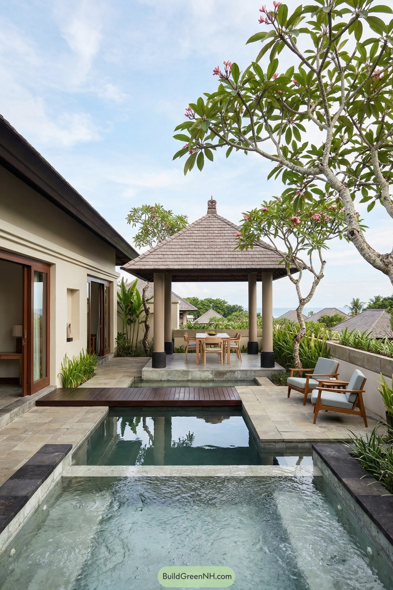 Open air pavilion villa with tiered plunge pool, deck bridge, and garden seating