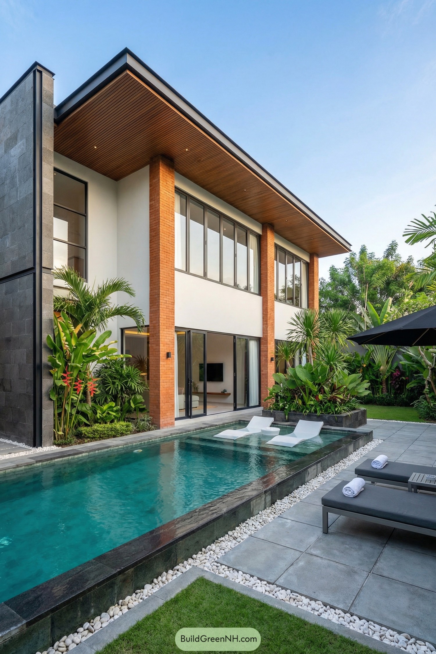 Two story modern villa with brick columns large windows and a narrow pool lined by tropical plants and sun loungers