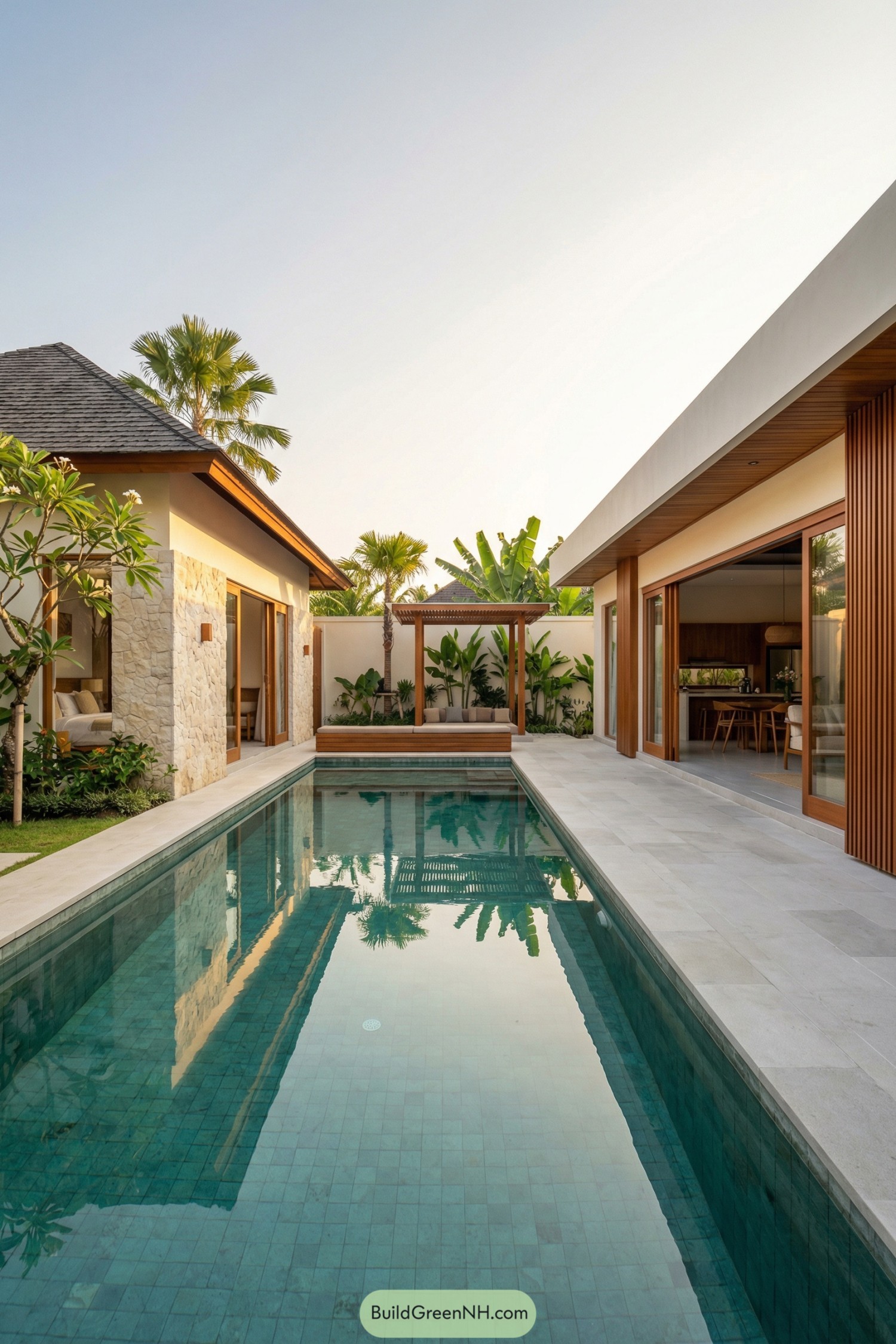 Modern Bali villa courtyard with long lap pool, pergola lounge, and sliding glass rooms opening to tropical garden