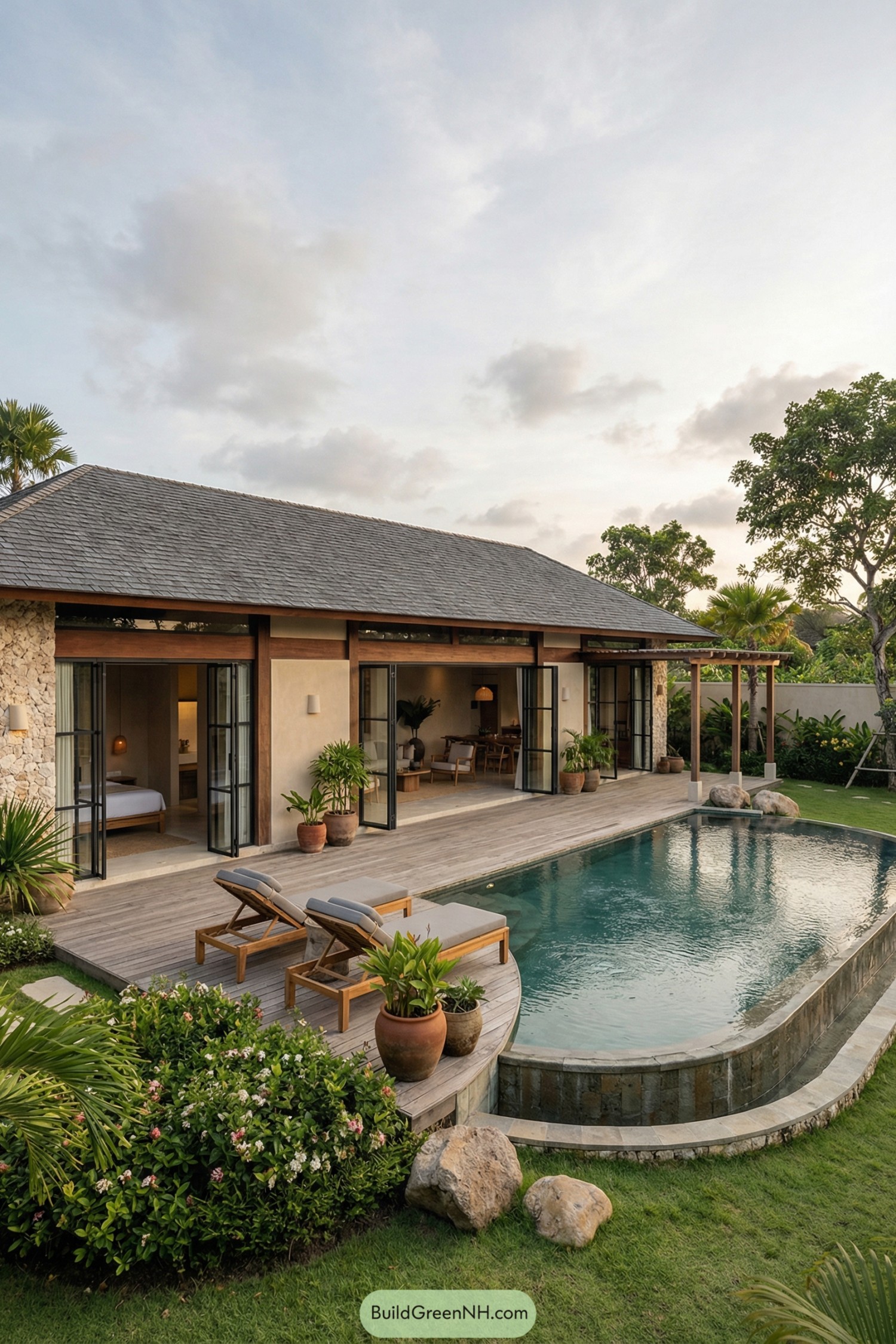 Open air villa with timber deck and curved pool