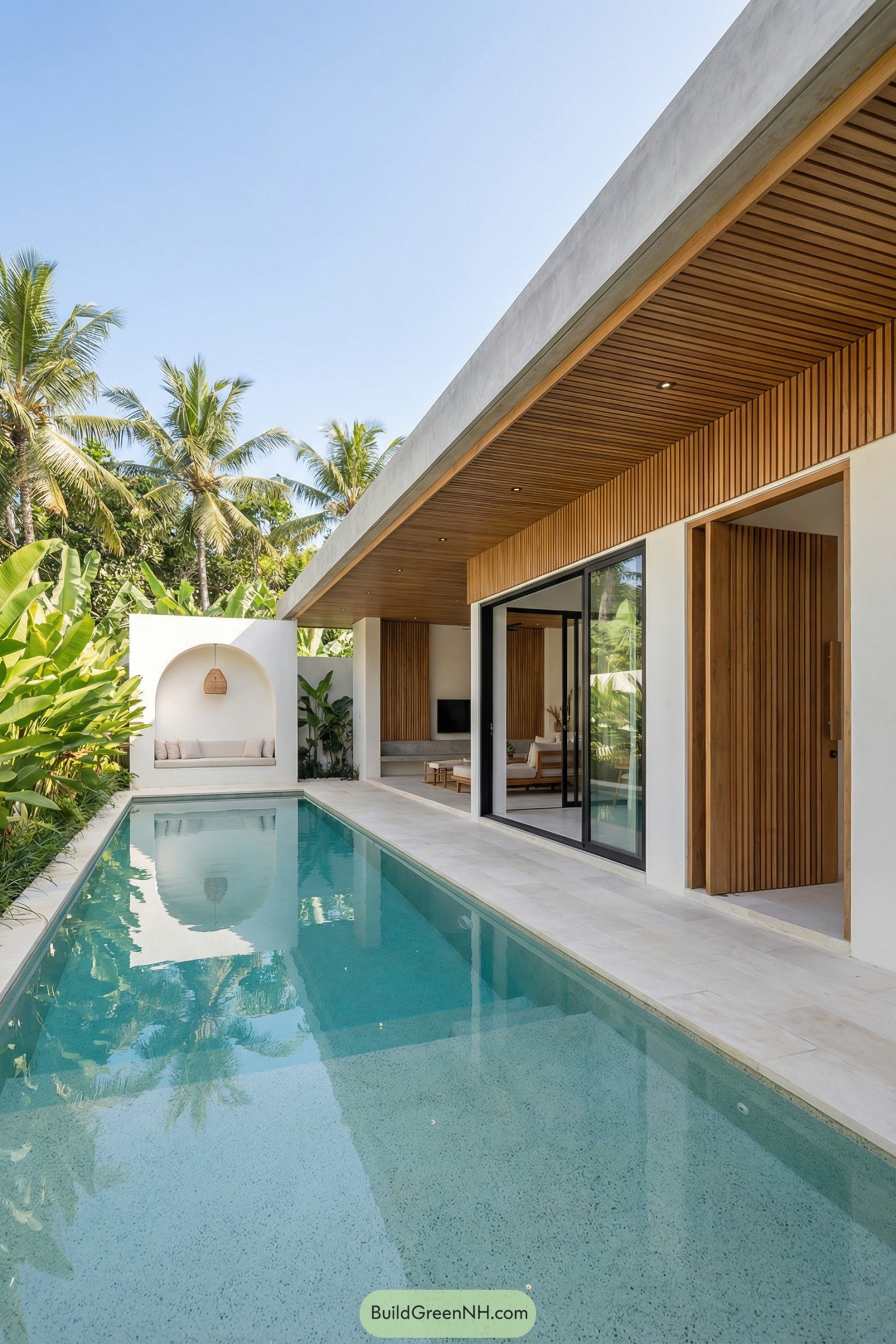 Minimalist tropical villa with narrow pool and wood accents