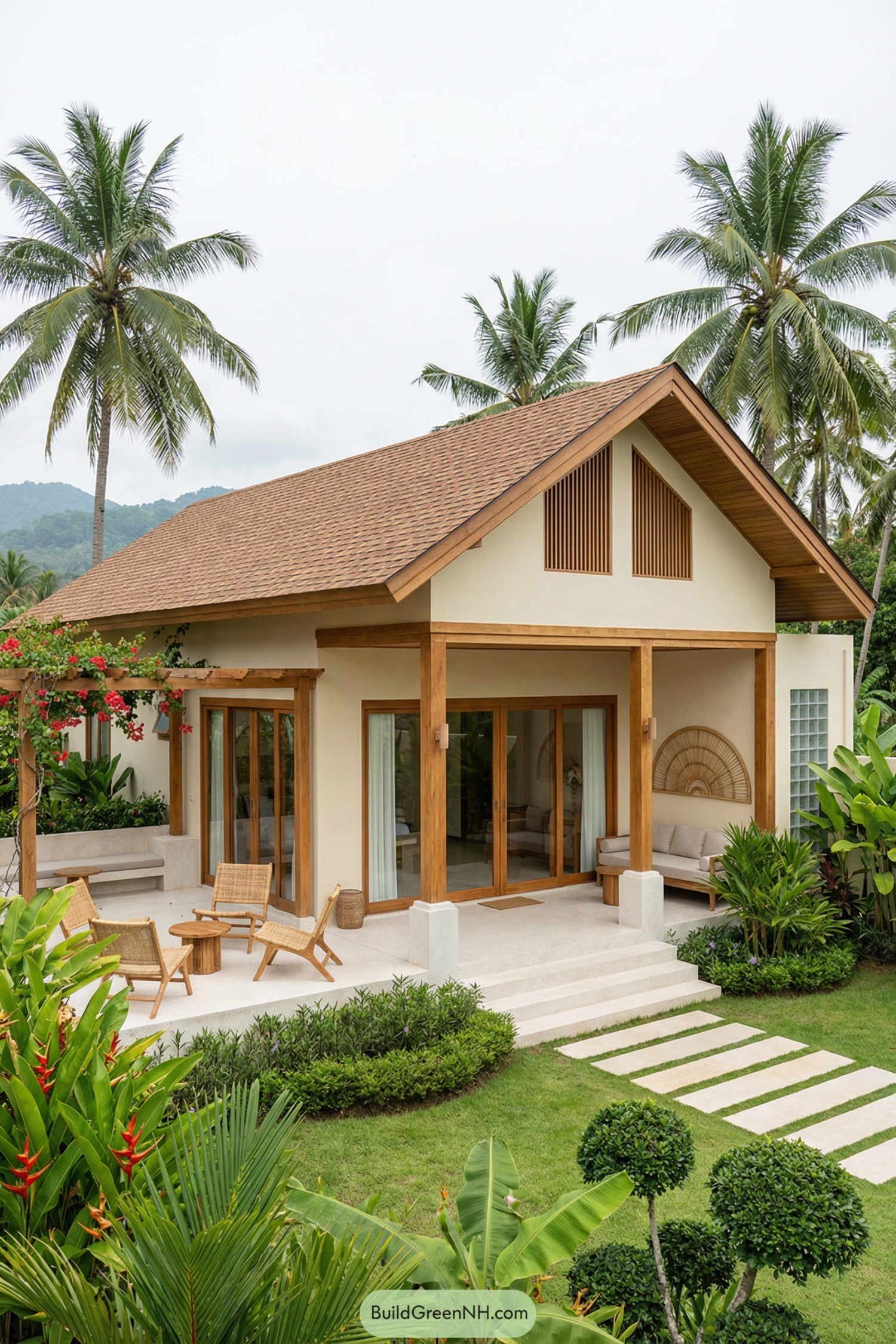 Tropical villa with warm wood accents and lush garden