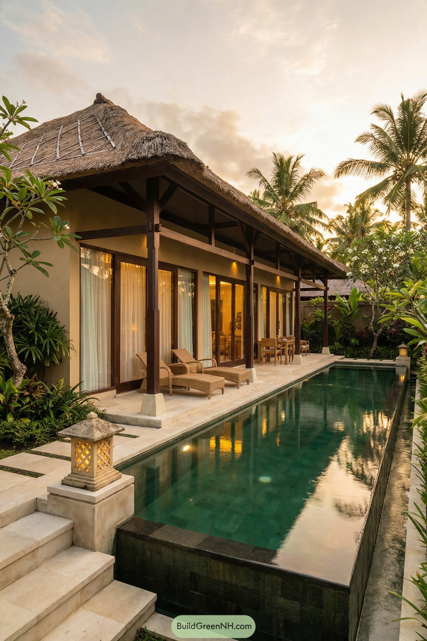Thatched roof Bali villa with narrow lap pool, timber veranda, and tropical garden setting at sunset