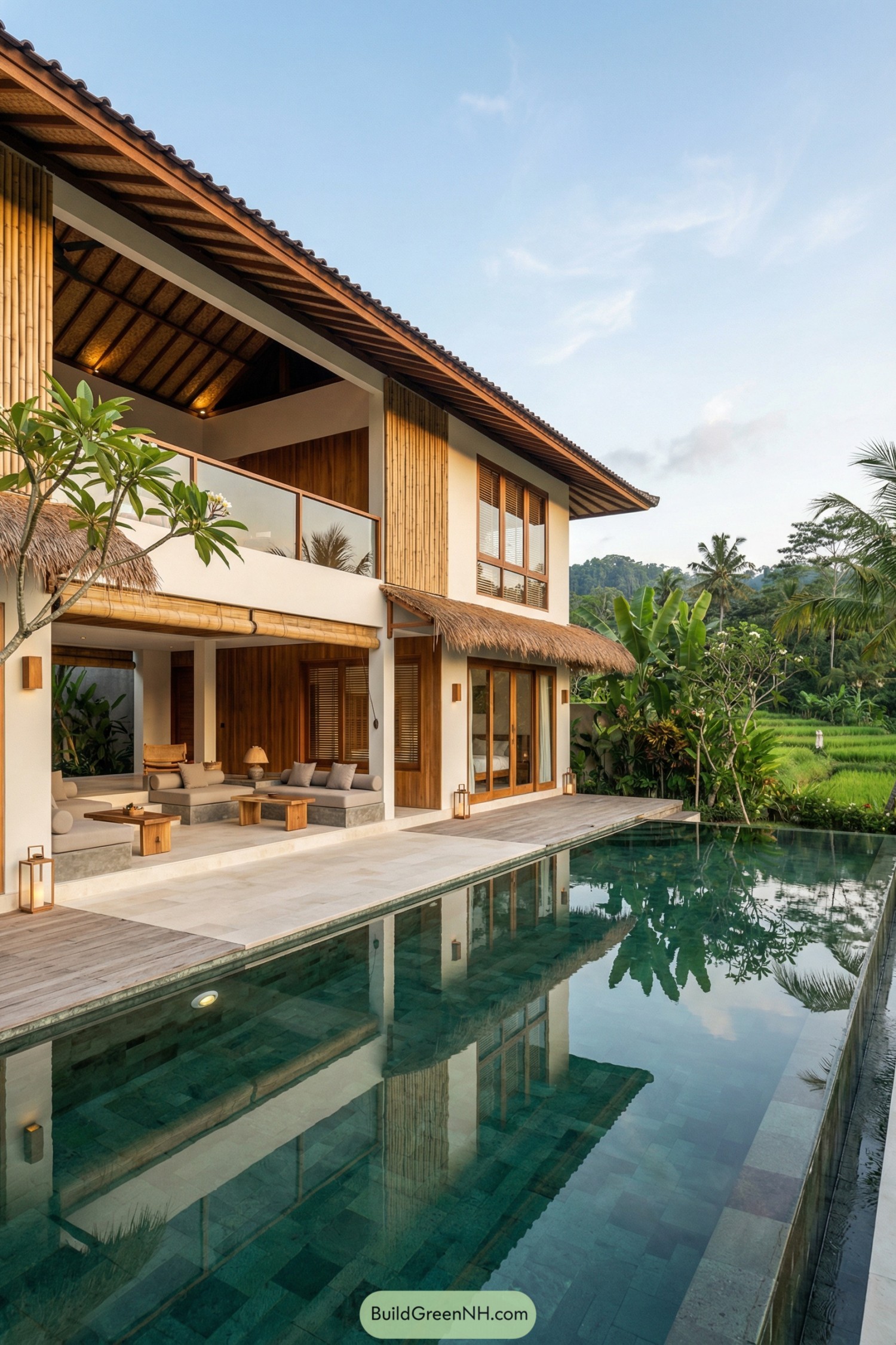 Open air Bali villa with bamboo accents beside a long reflecting pool and rice field views