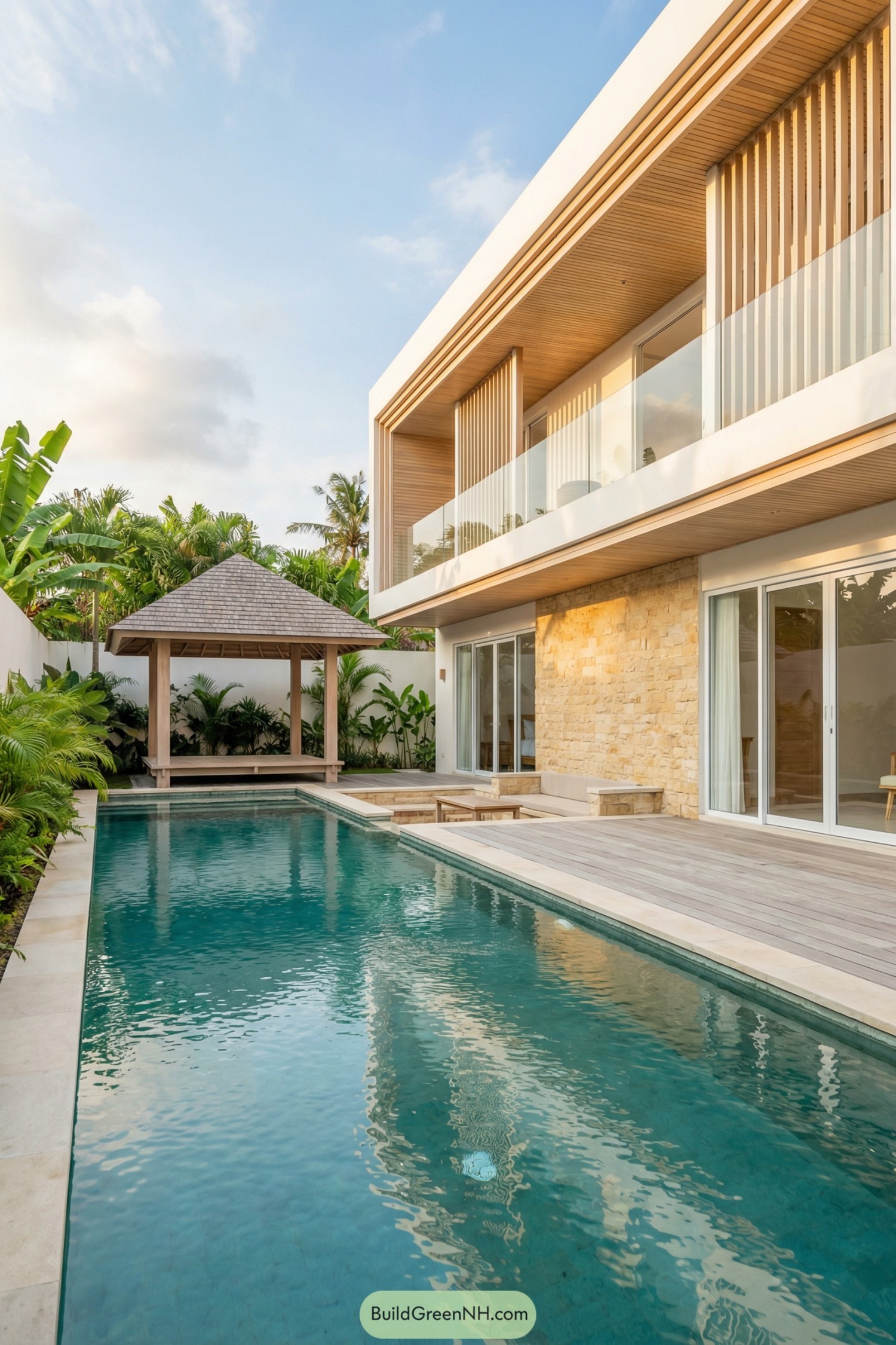 Modern tropical villa with long pool and pavilion