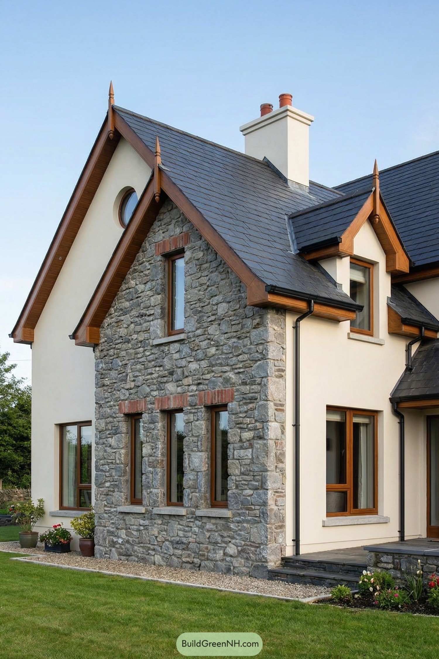 Modern stone and stucco cottage exterior with steep slate roofs and wood trim