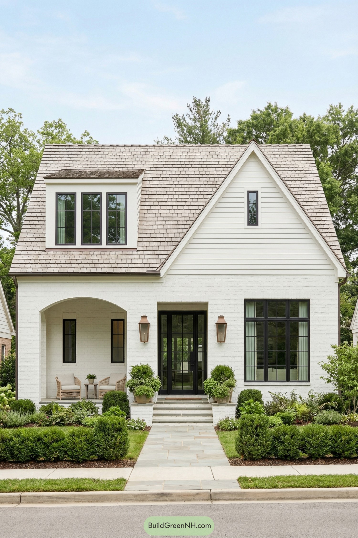 White brick modern cottage with arched porch and lush front garden