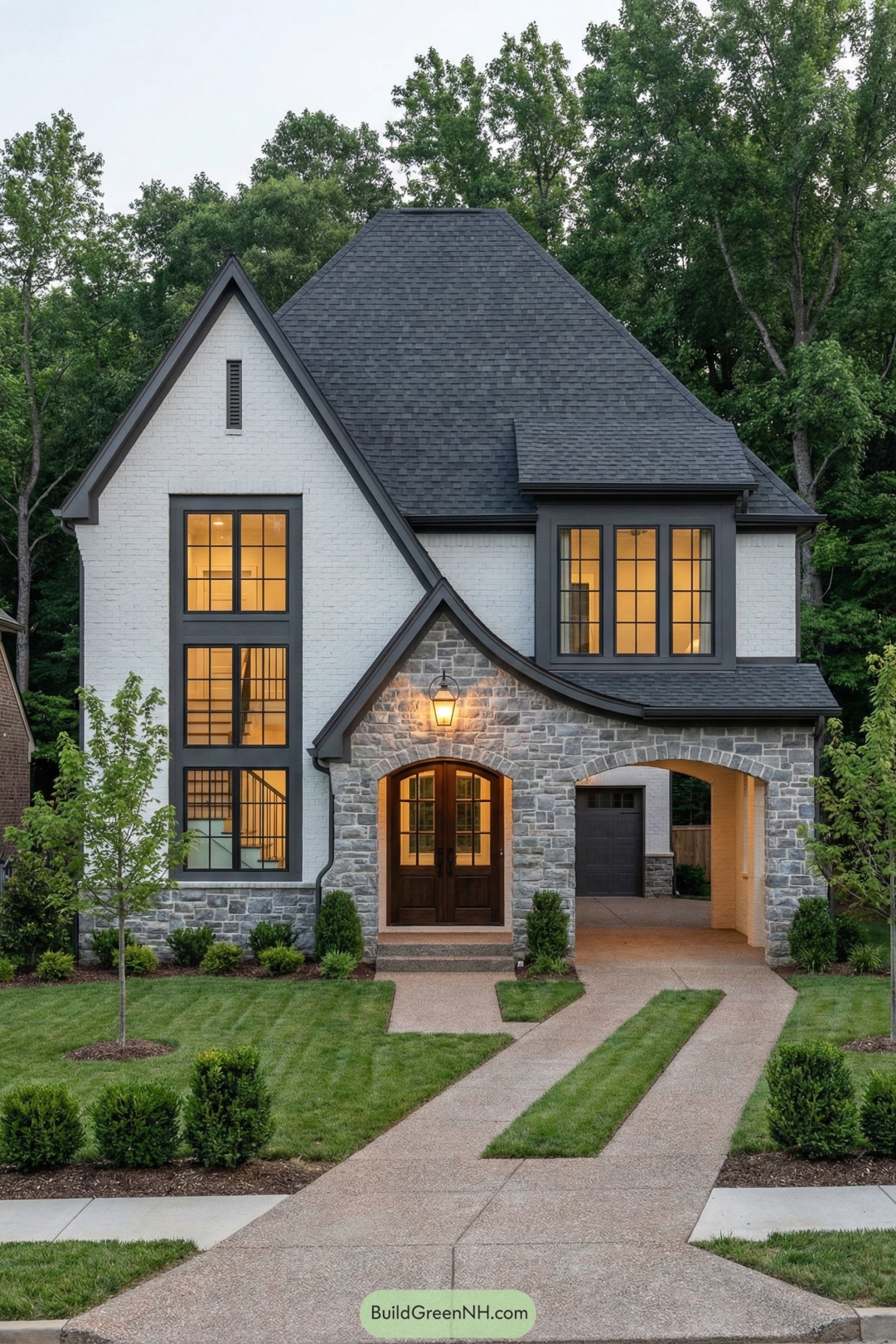 Modern stone and painted brick cottage with tall black framed windows and curved gable entry