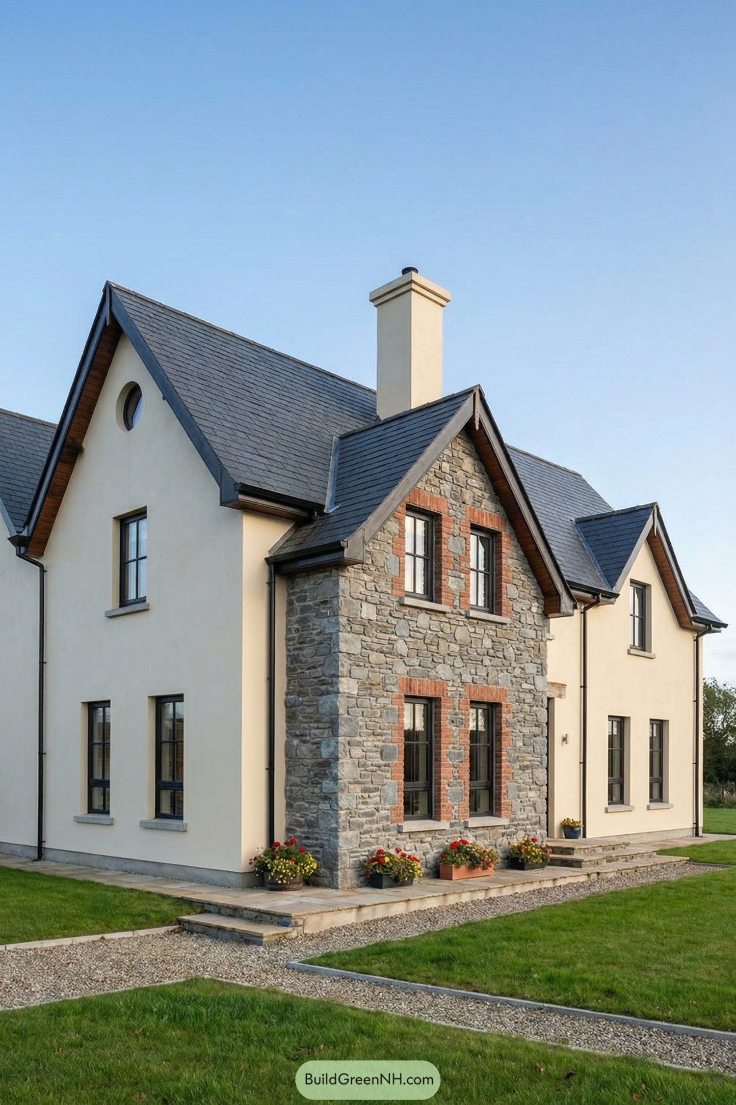 Modern cream cottage with stone front wing and steep slate roofs