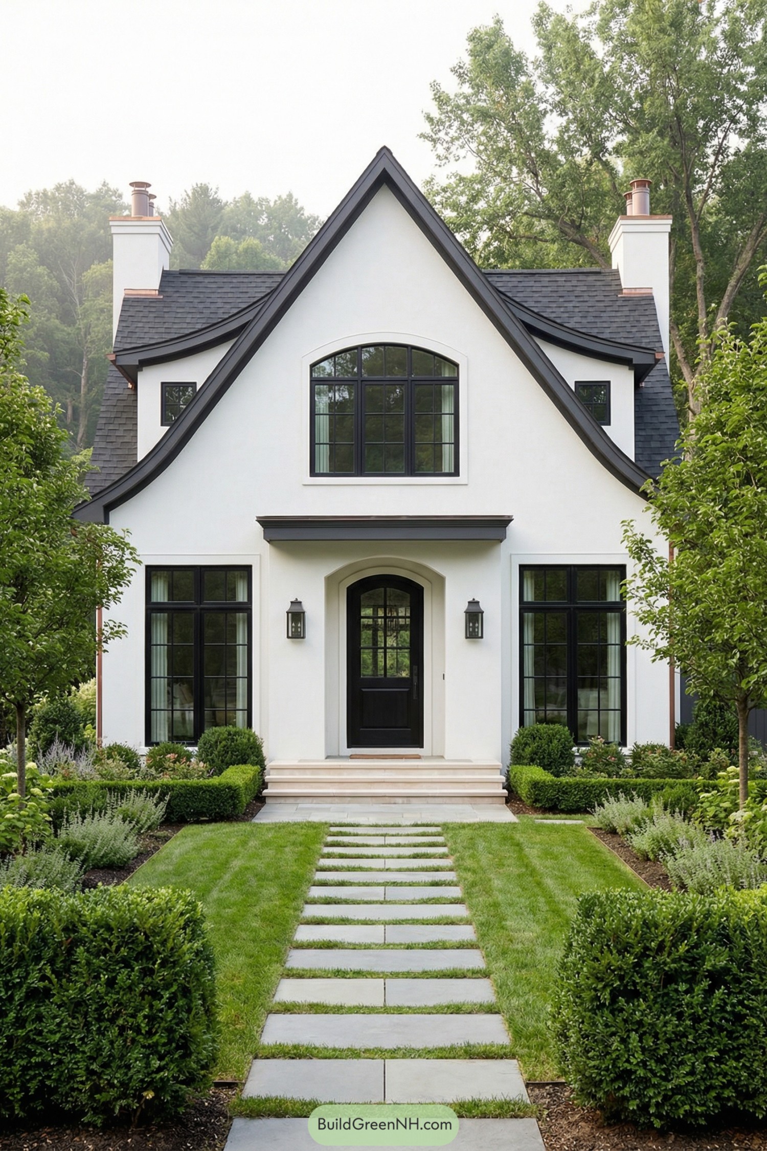 White stucco cottage with steep dark roof and manicured front garden