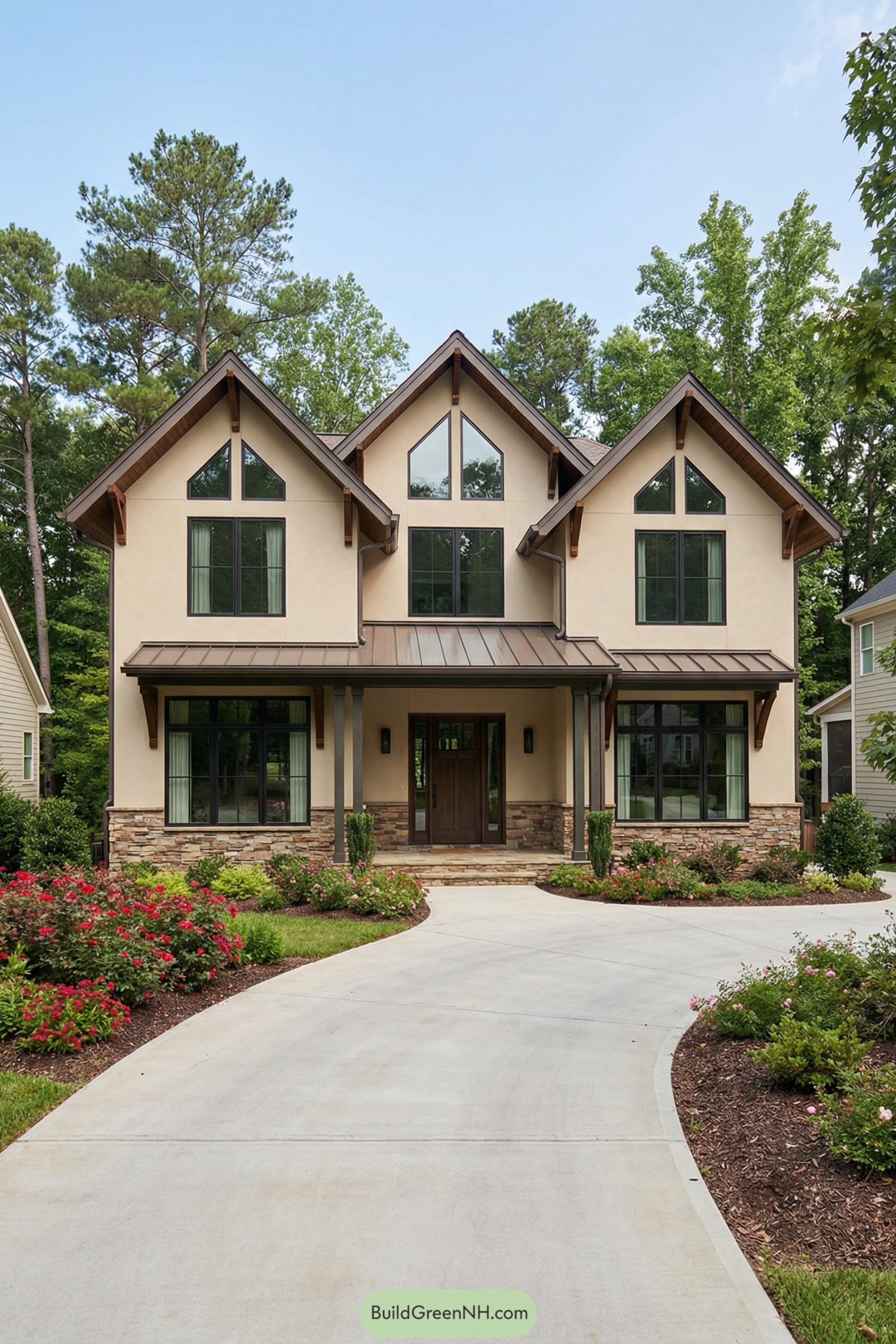 Two story cream cottage with steep gables tall windows stone base and landscaped front yard