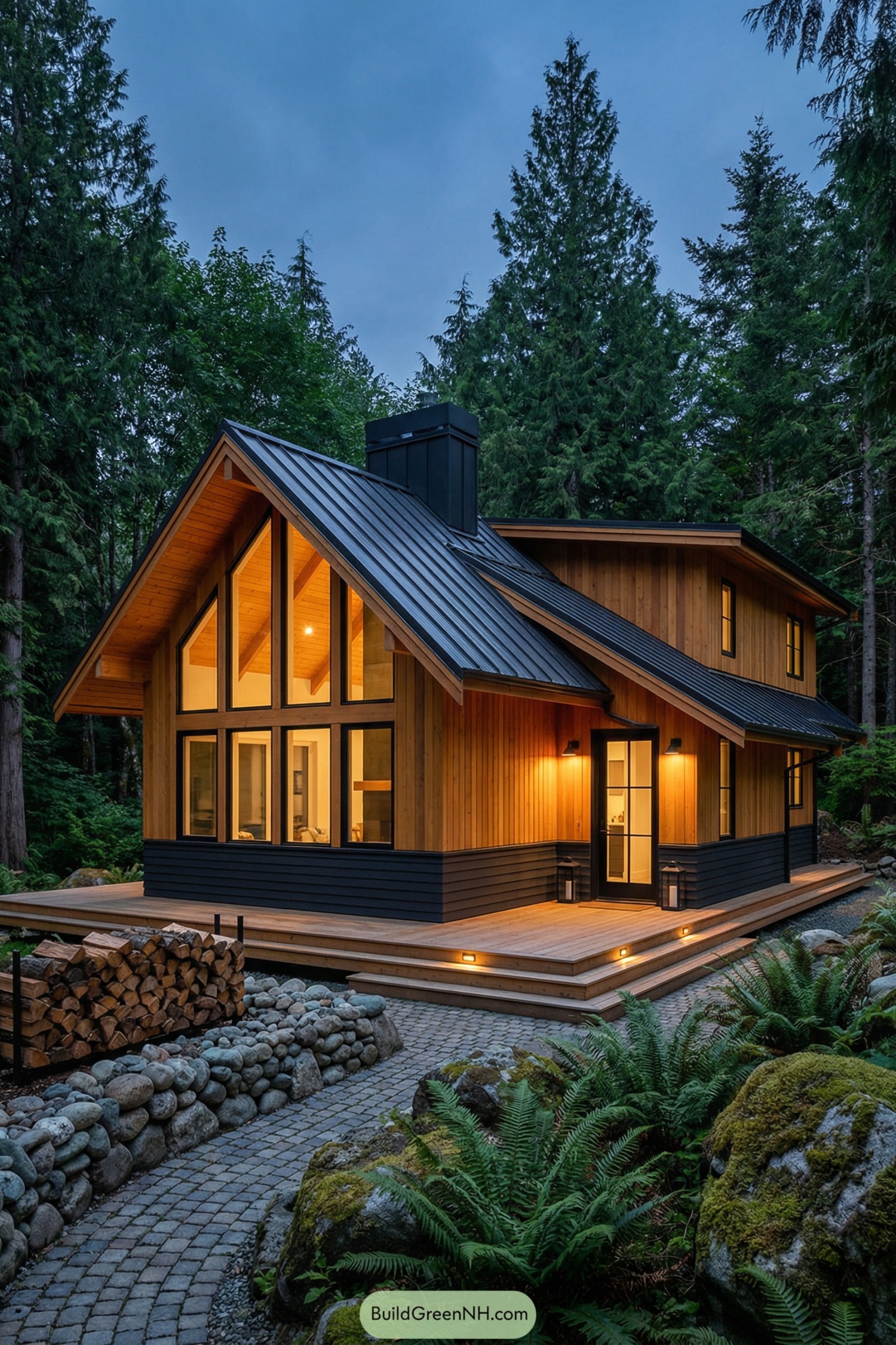 Modern wood cottage with tall windows nestled in dense forest at dusk