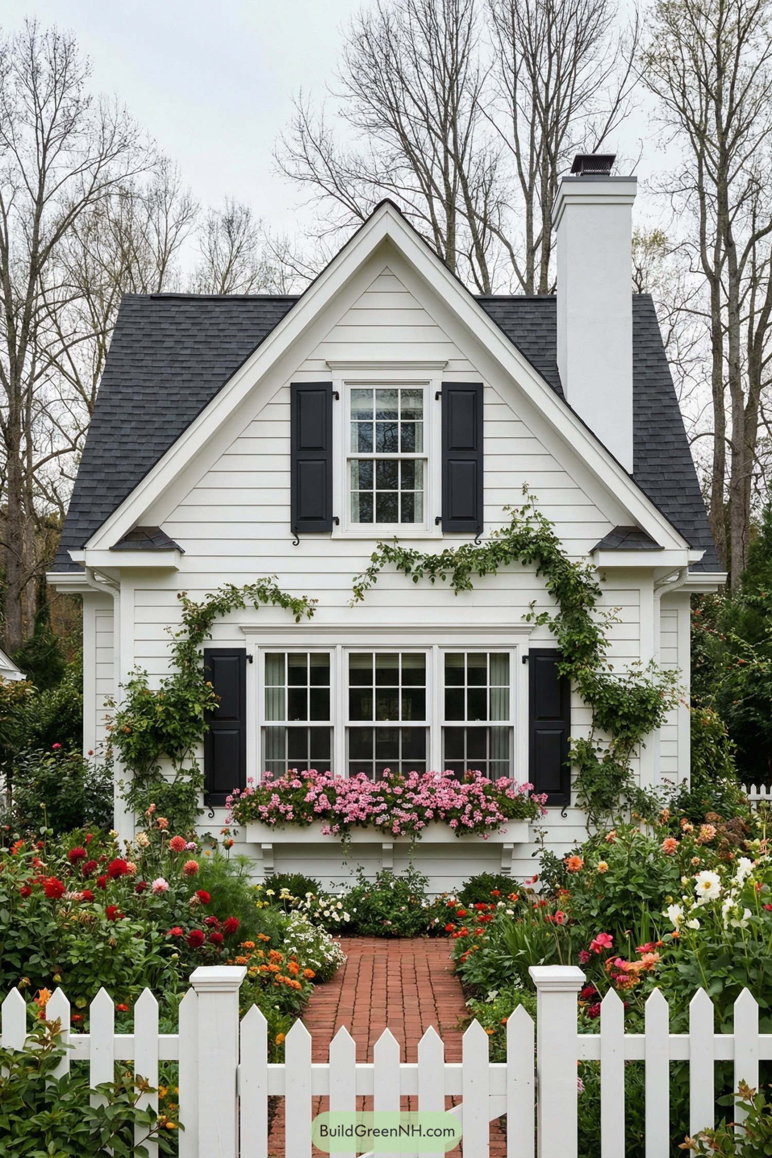 White cottage with black shutters, brick path, lush flowers, and climbing vines behind a white picket fence