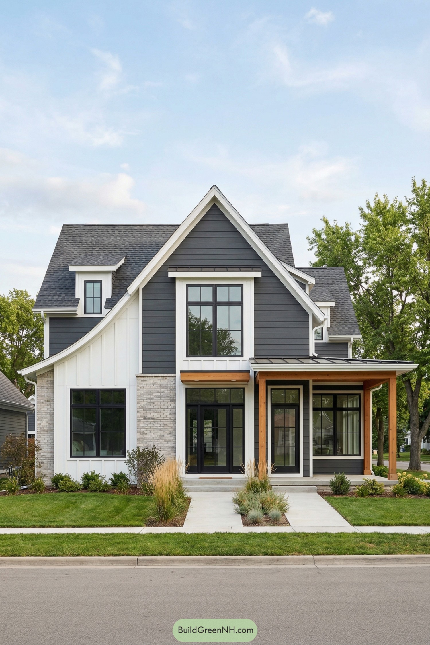 Modern gray and white cottage with tall black windows and wood porch posts