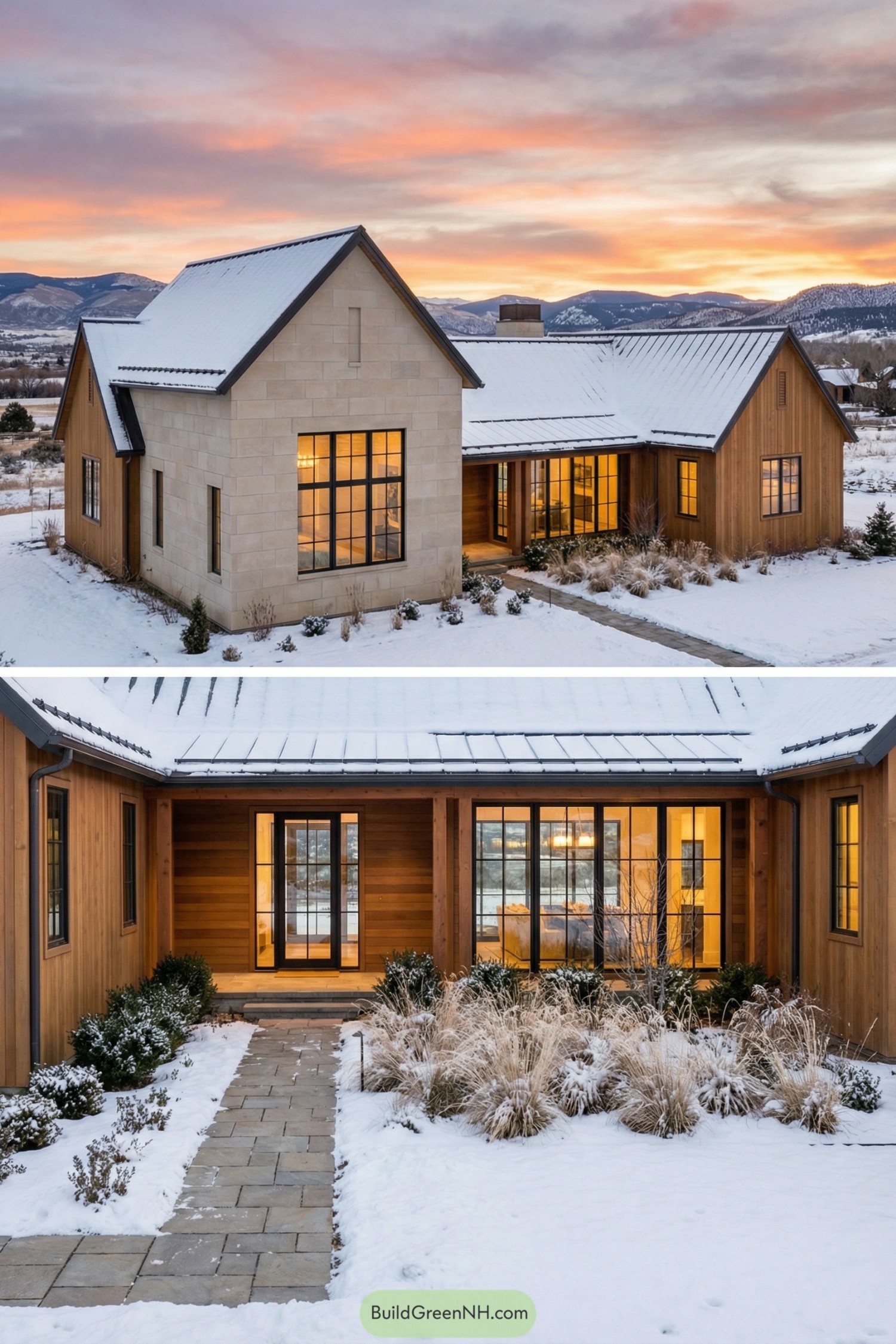 Modern cottage with wood siding large black-framed windows and snow-covered metal roof
