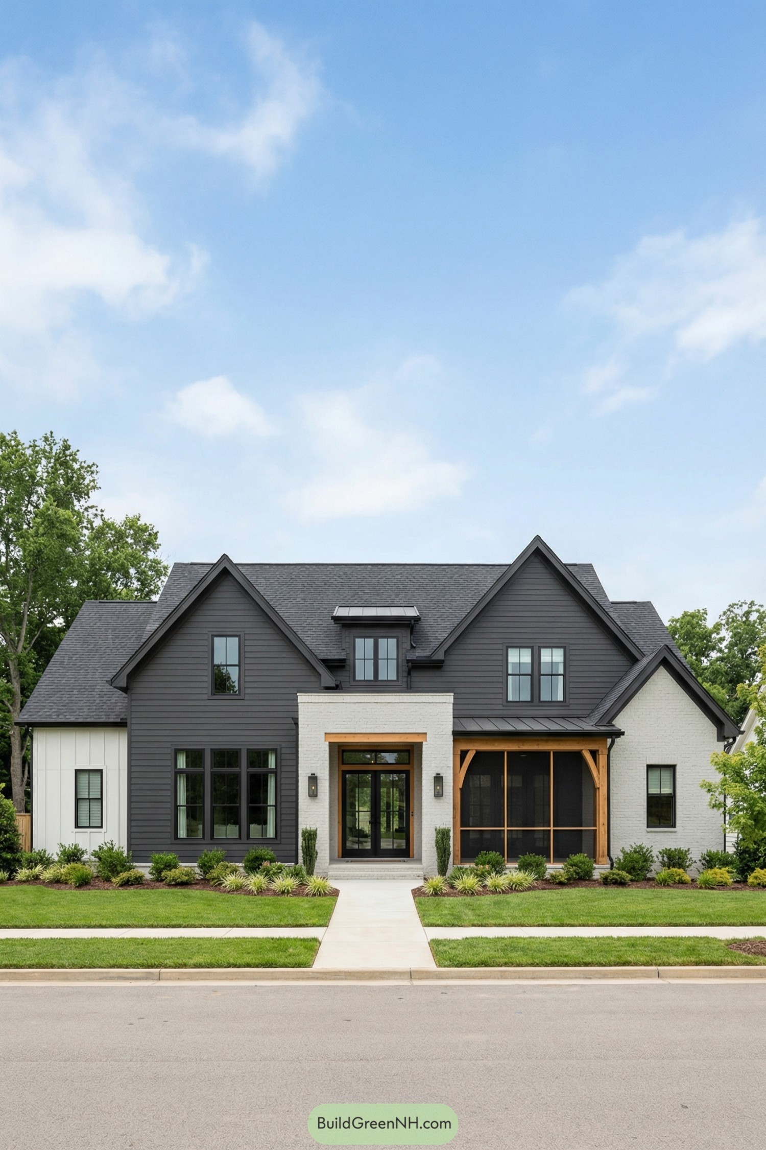 Modern farmhouse cottage with dark siding white brick and warm wood porch accents