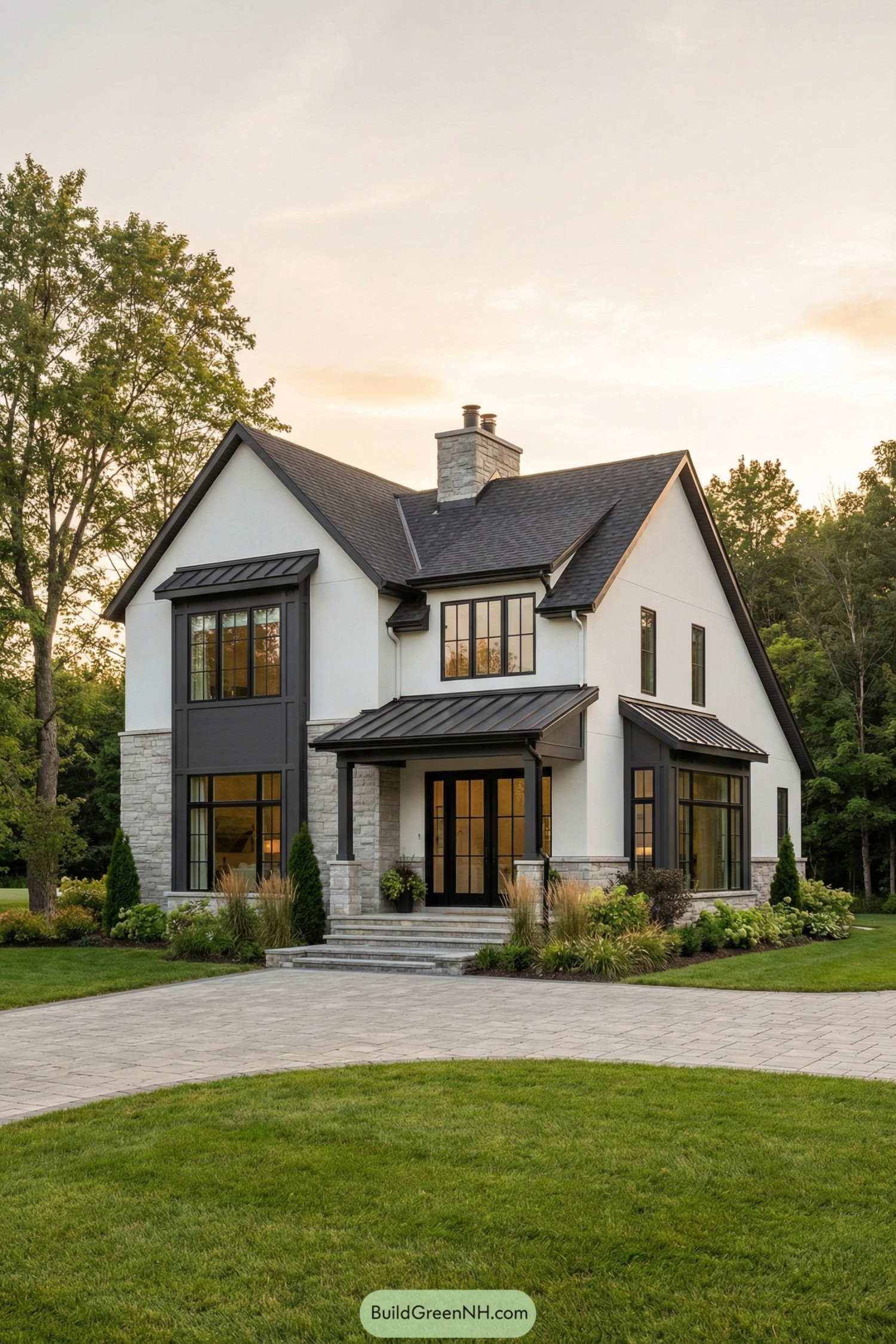 White two story cottage with dark trim and stone accents at sunset