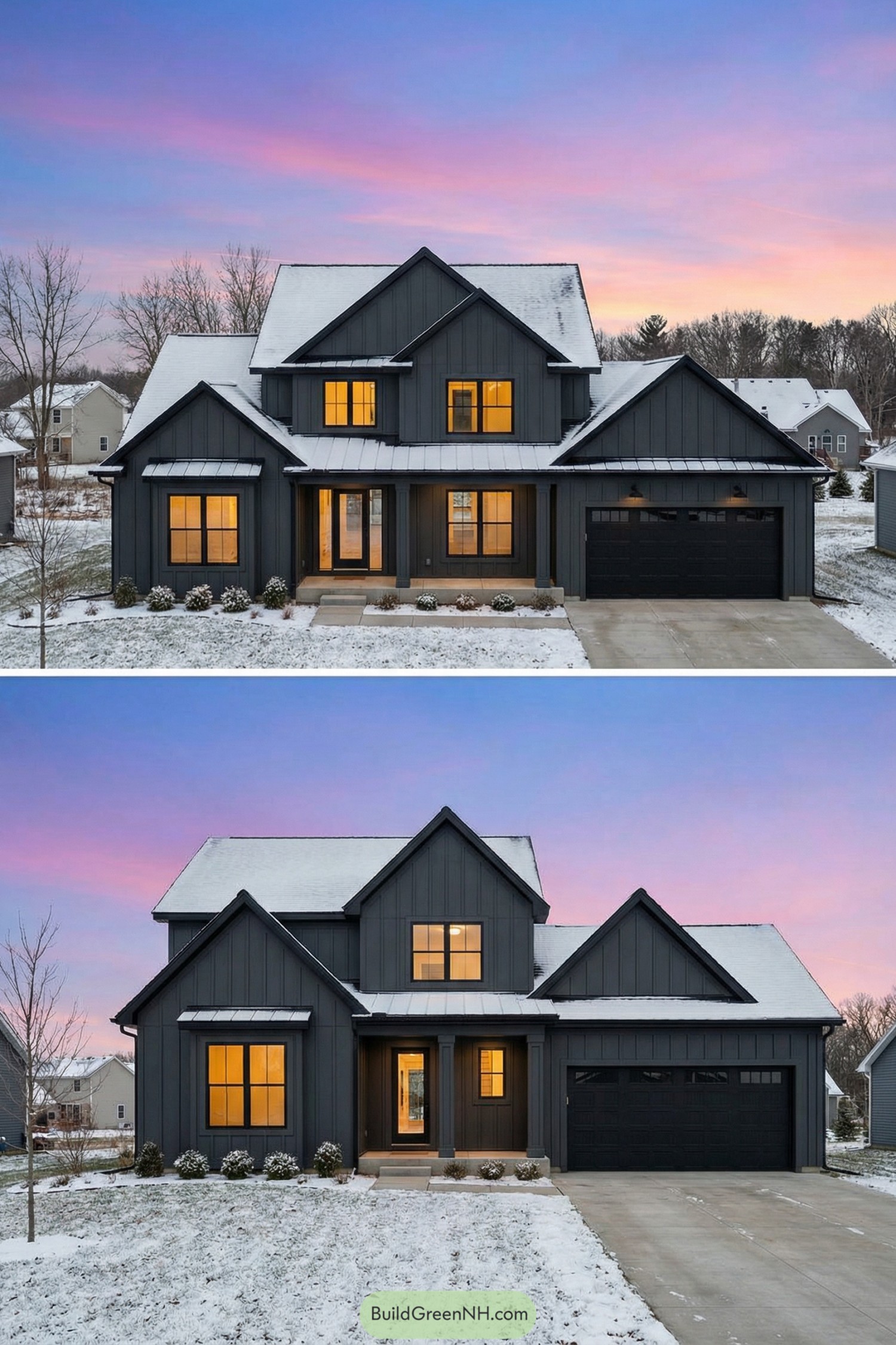 Dark board and batten cottage with snow topped roof and glowing windows at dusk